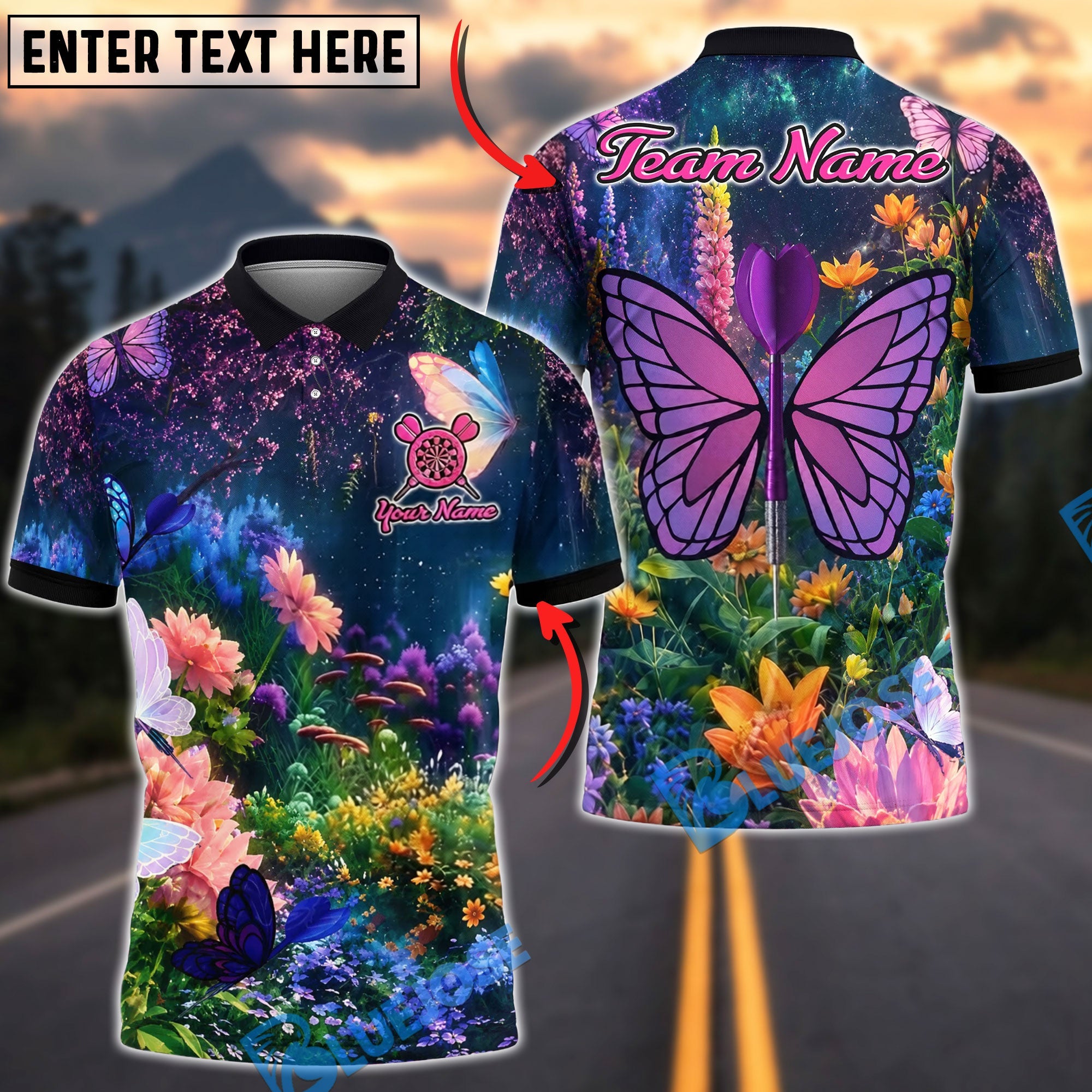 BlueJose Darts Purple Butterfly Floral Garden Dart Design Personalized Name Shirt
