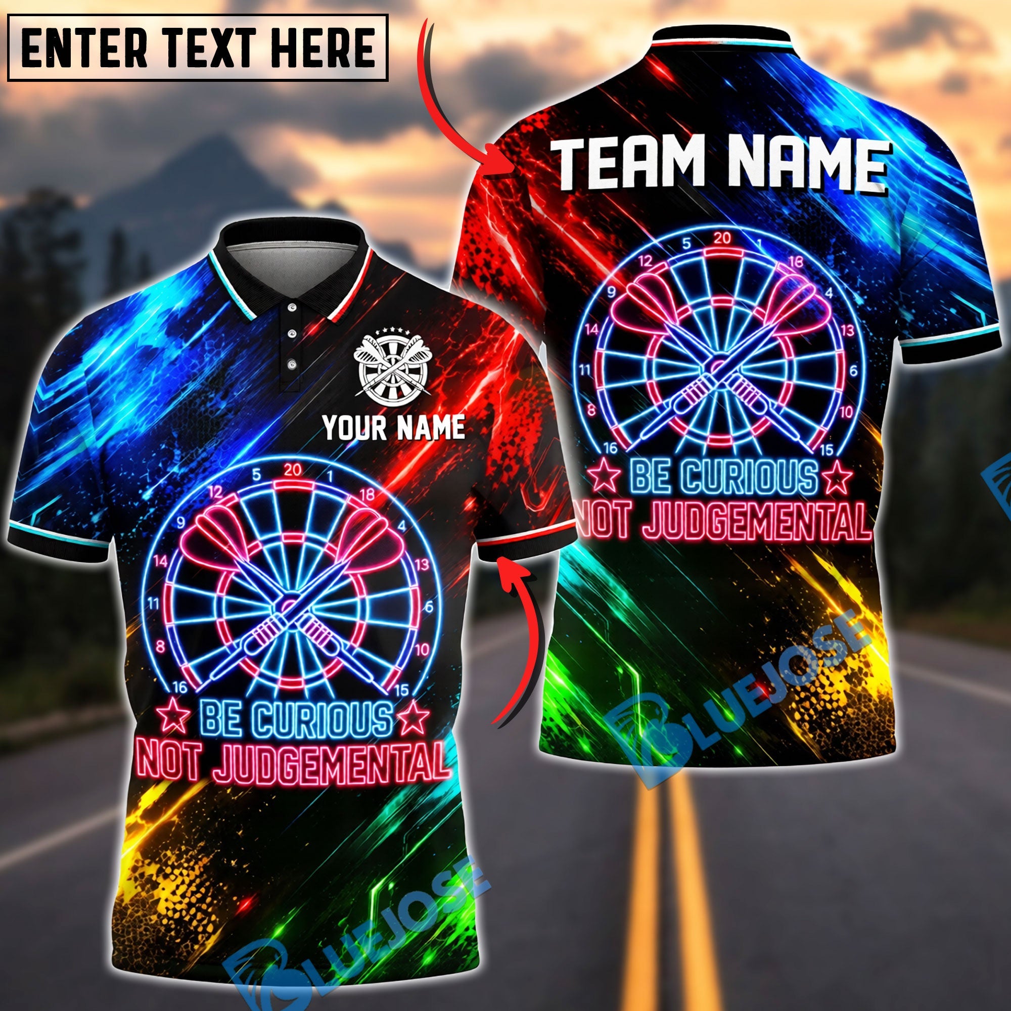 BlueJose Darts Be Curious Not Judgemental Neon Dartboard Design Personalized Name Shirt