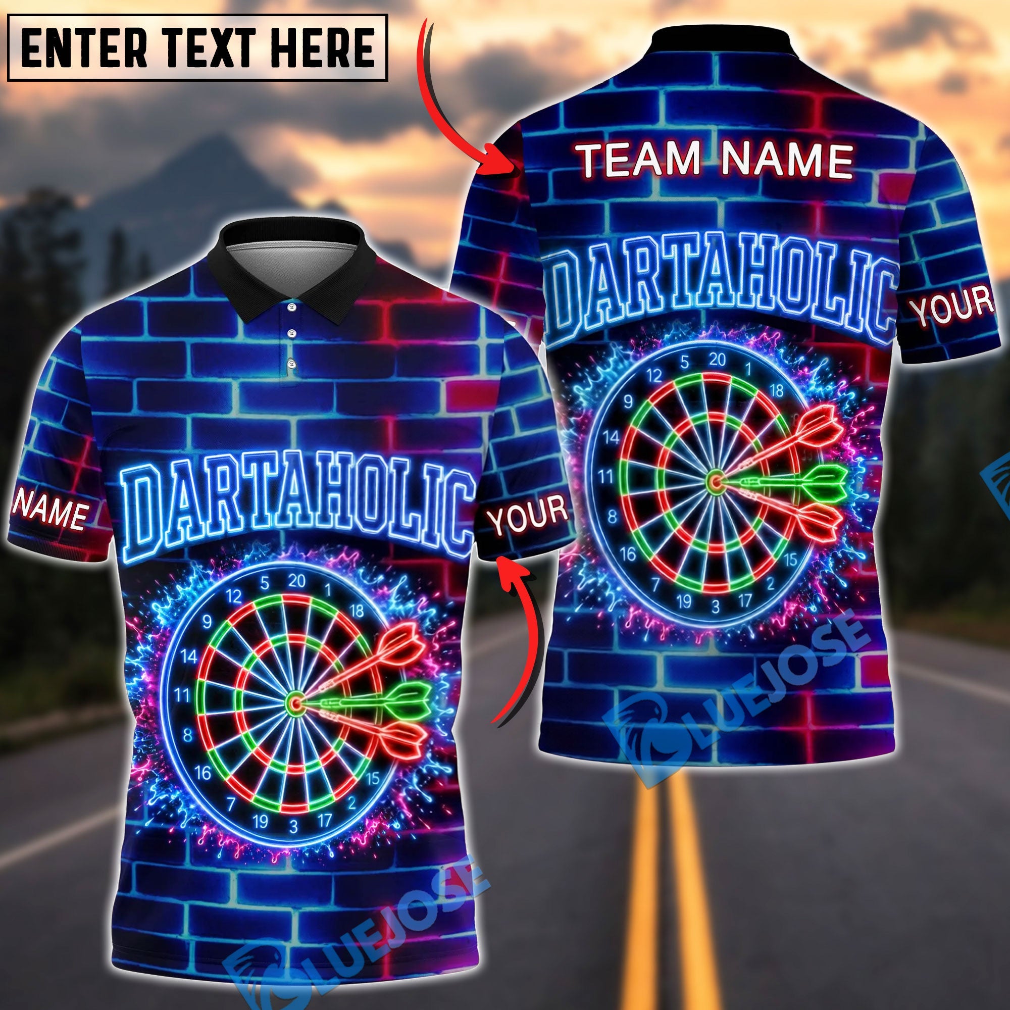 BlueJose Darts Dartaholic Neon Dartboard Design Personalized Name Shirt