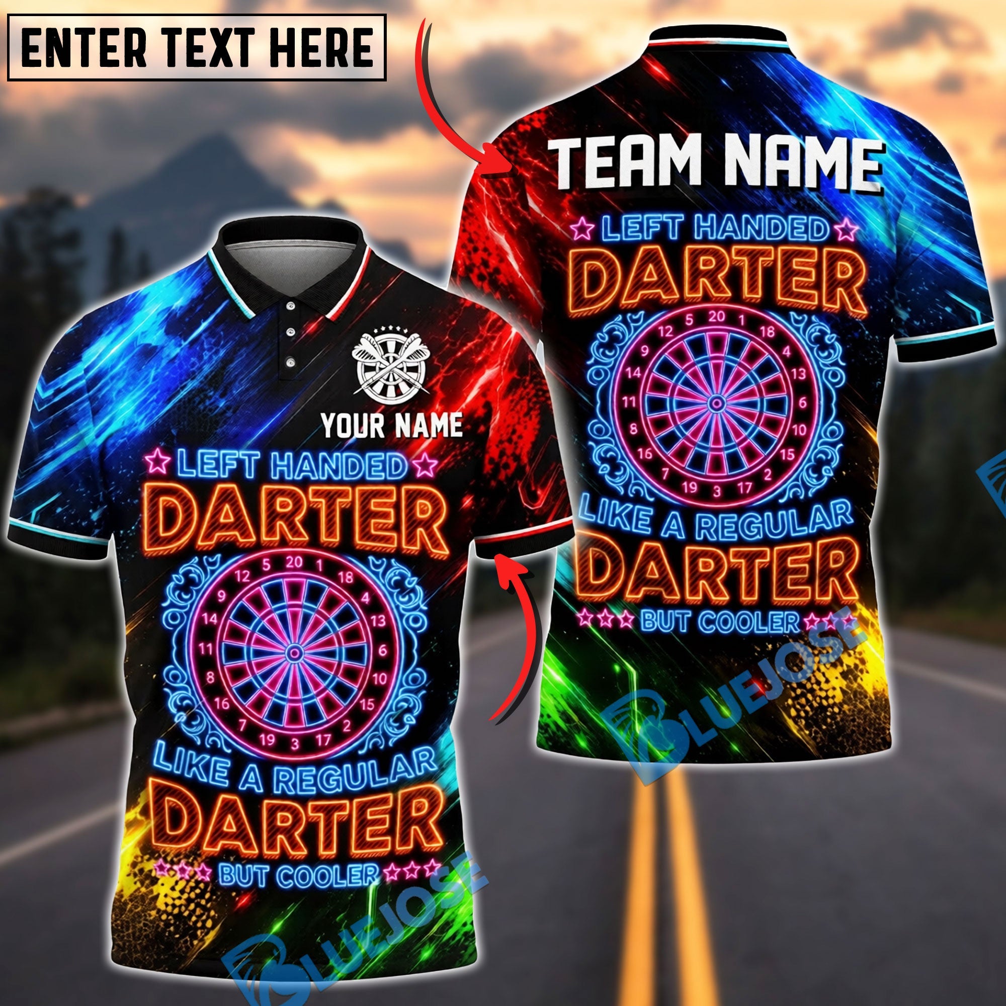 BlueJose Darts Left Handed Darter Neon Dartboard Quote Design Personalized Name Shirt