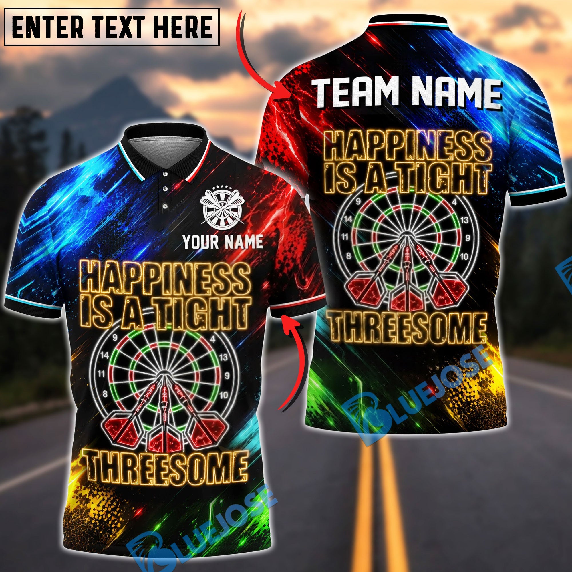 BlueJose Darts Happiness Is A Tight Threesome Dartboard Design Personalized Name Shirt