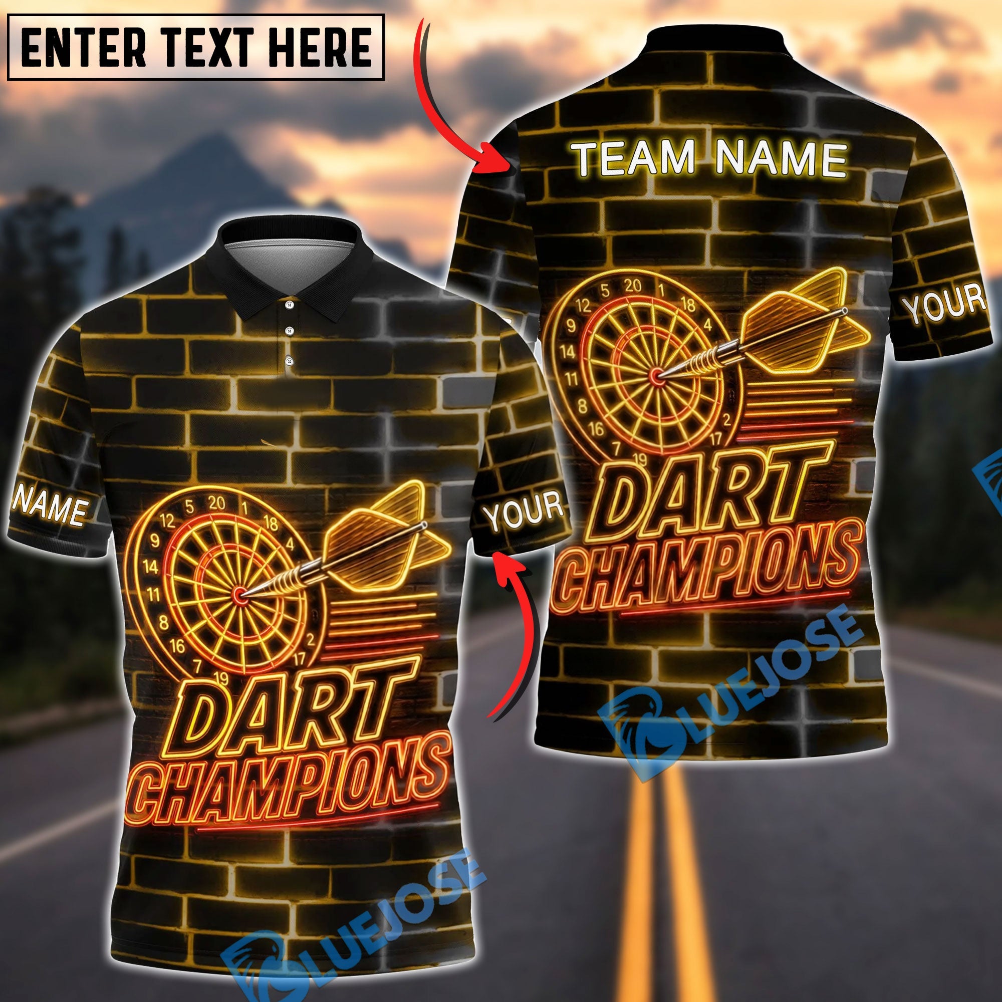 BlueJose Darts Dart Champions Neon Dartboard Design Personalized Name Shirt