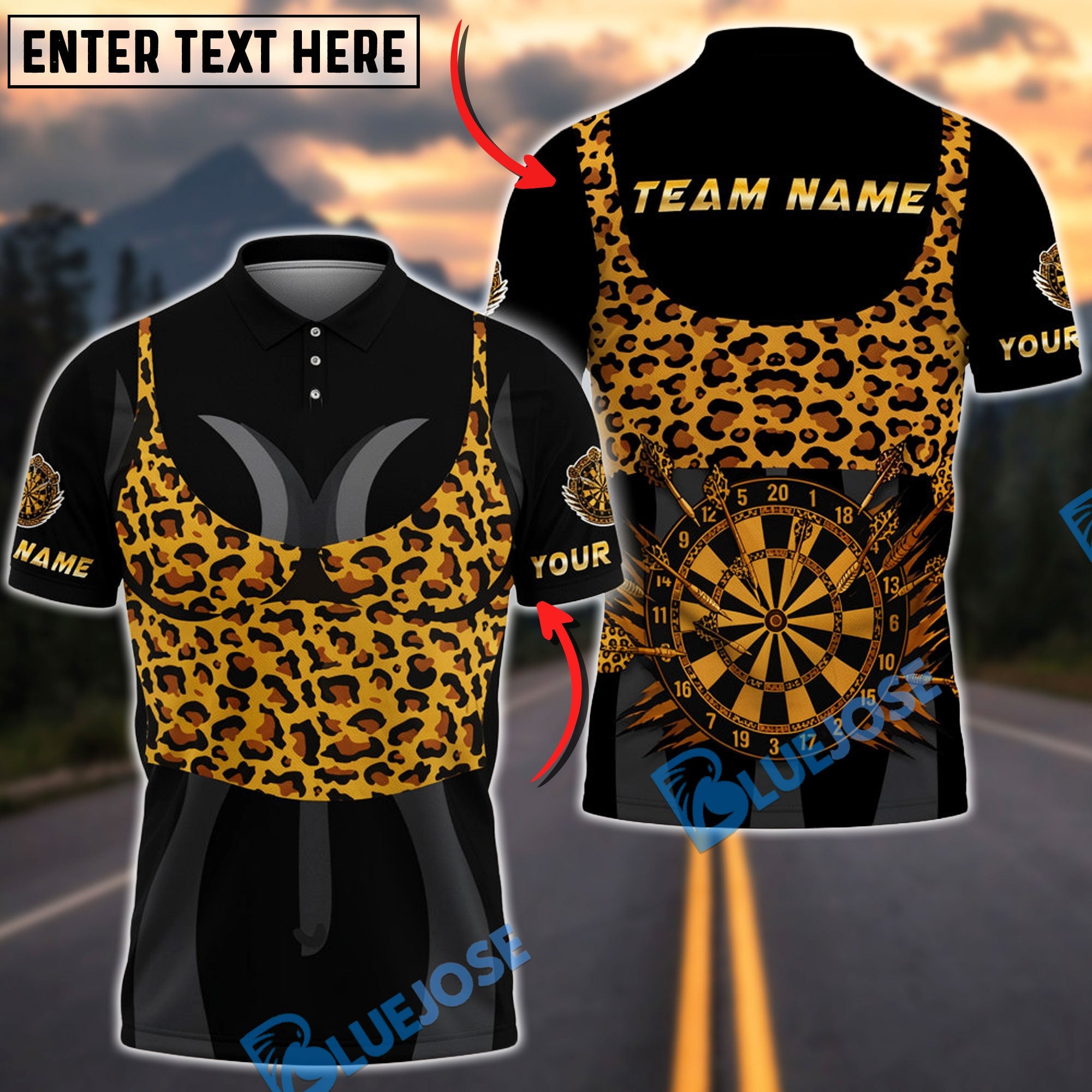 BlueJose Darts Leopard Print Dartboard & Flying Arrow Personalized Name, Team Name Unisex Shirt (4 Colors)