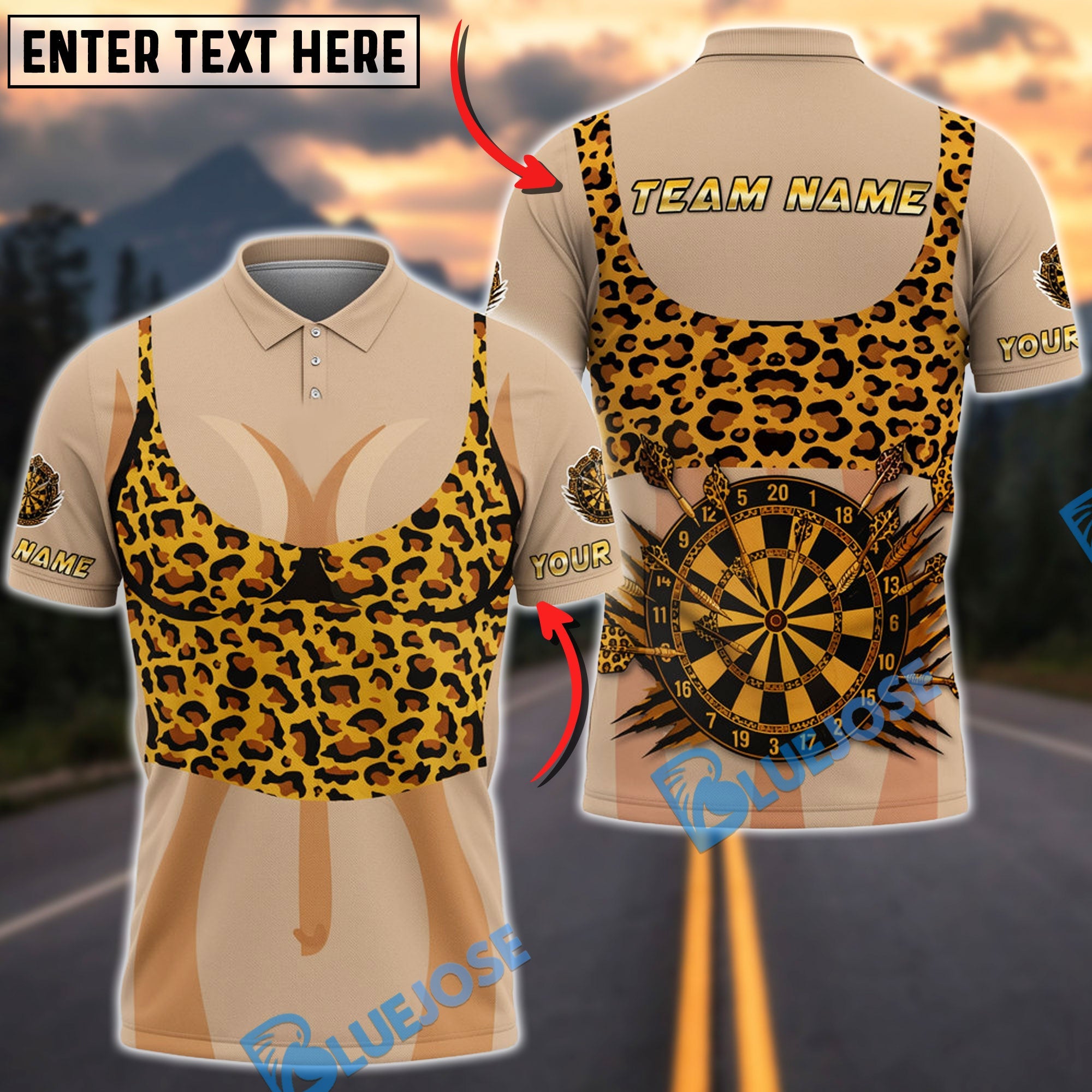 BlueJose Darts Leopard Print Dartboard & Flying Arrow Personalized Name, Team Name Unisex Shirt (4 Colors)