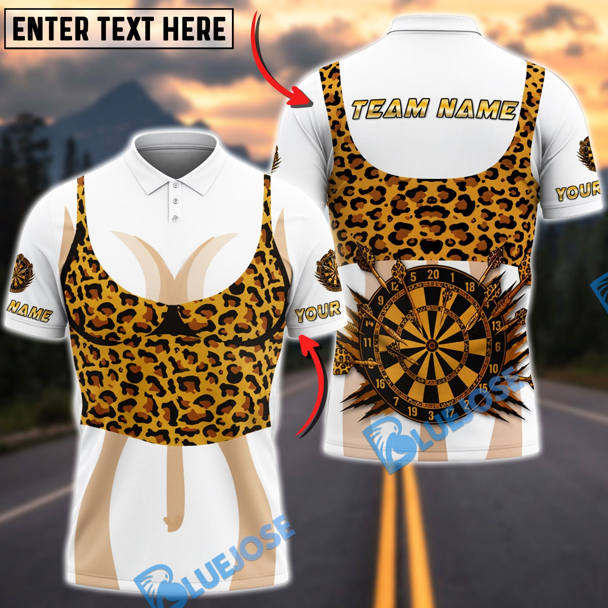 BlueJose Darts Leopard Print Dartboard & Flying Arrow Personalized Name, Team Name Unisex Shirt (4 Colors)