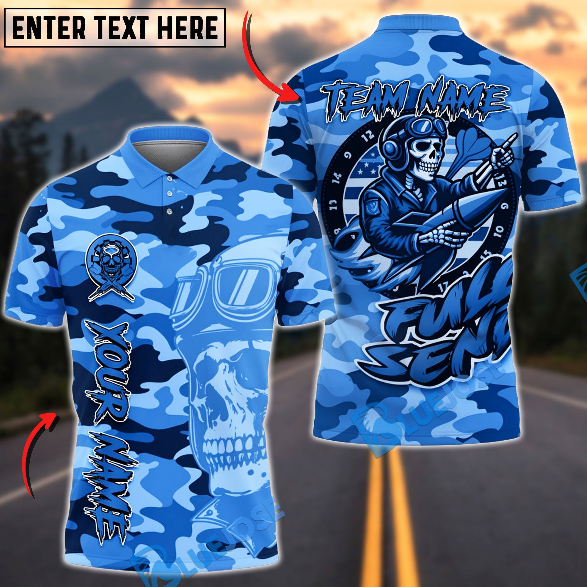 BlueJose Darts Camouflage Skull Pilot Military Design Personalized Name, Team Name Unisex Shirt (4 Colors)