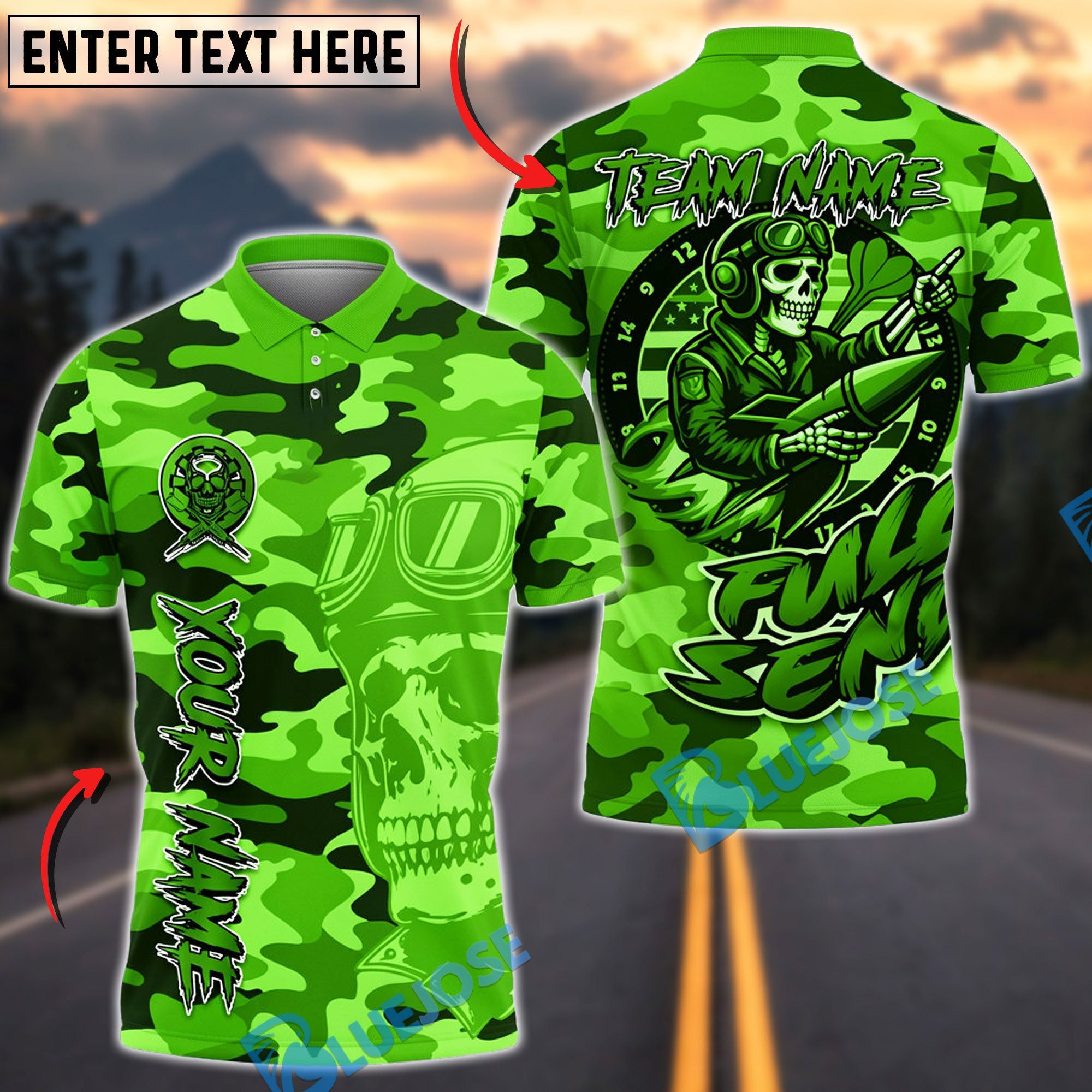 BlueJose Darts Camouflage Skull Pilot Military Design Personalized Name, Team Name Unisex Shirt (4 Colors)
