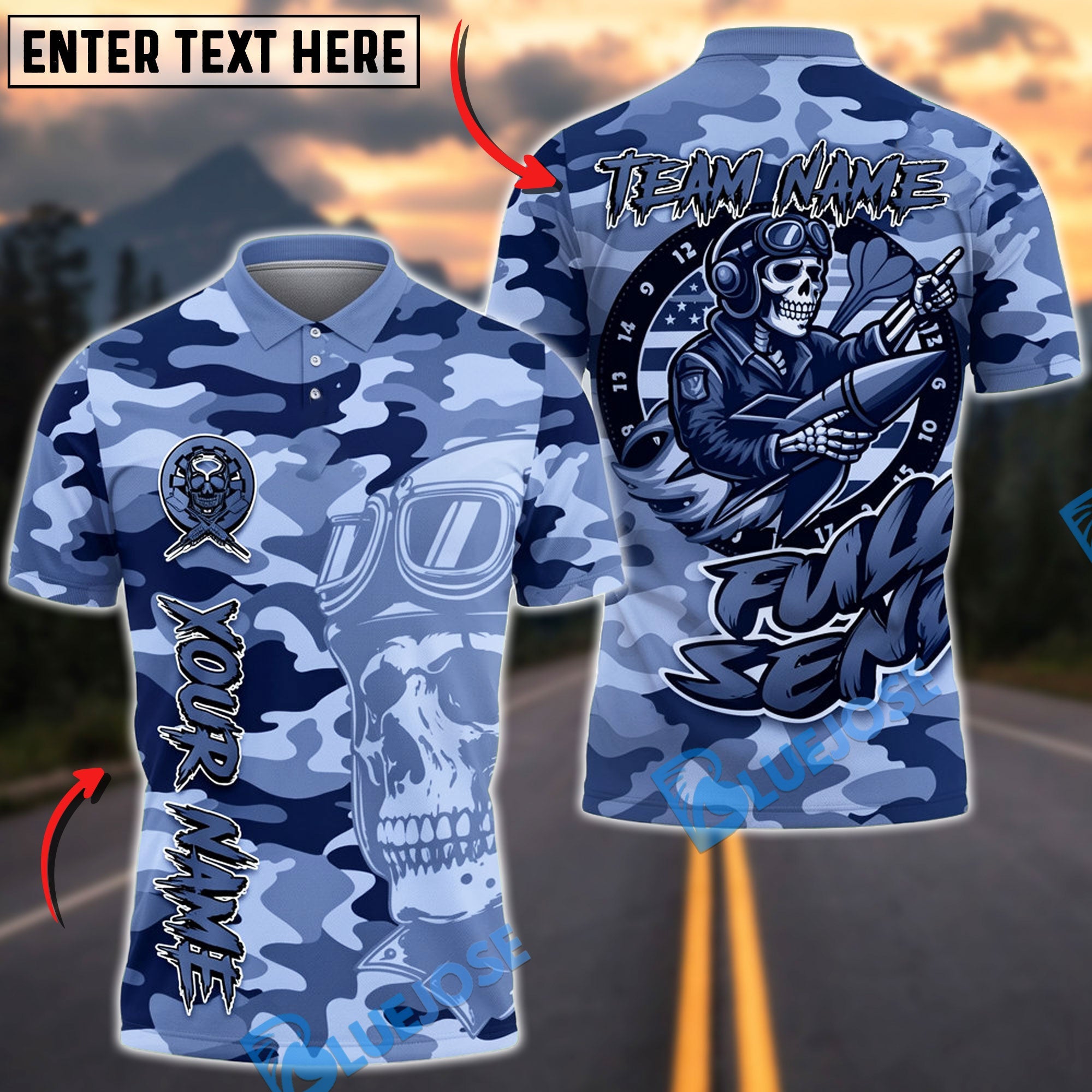 BlueJose Darts Camouflage Skull Pilot Military Design Personalized Name, Team Name Unisex Shirt (4 Colors)
