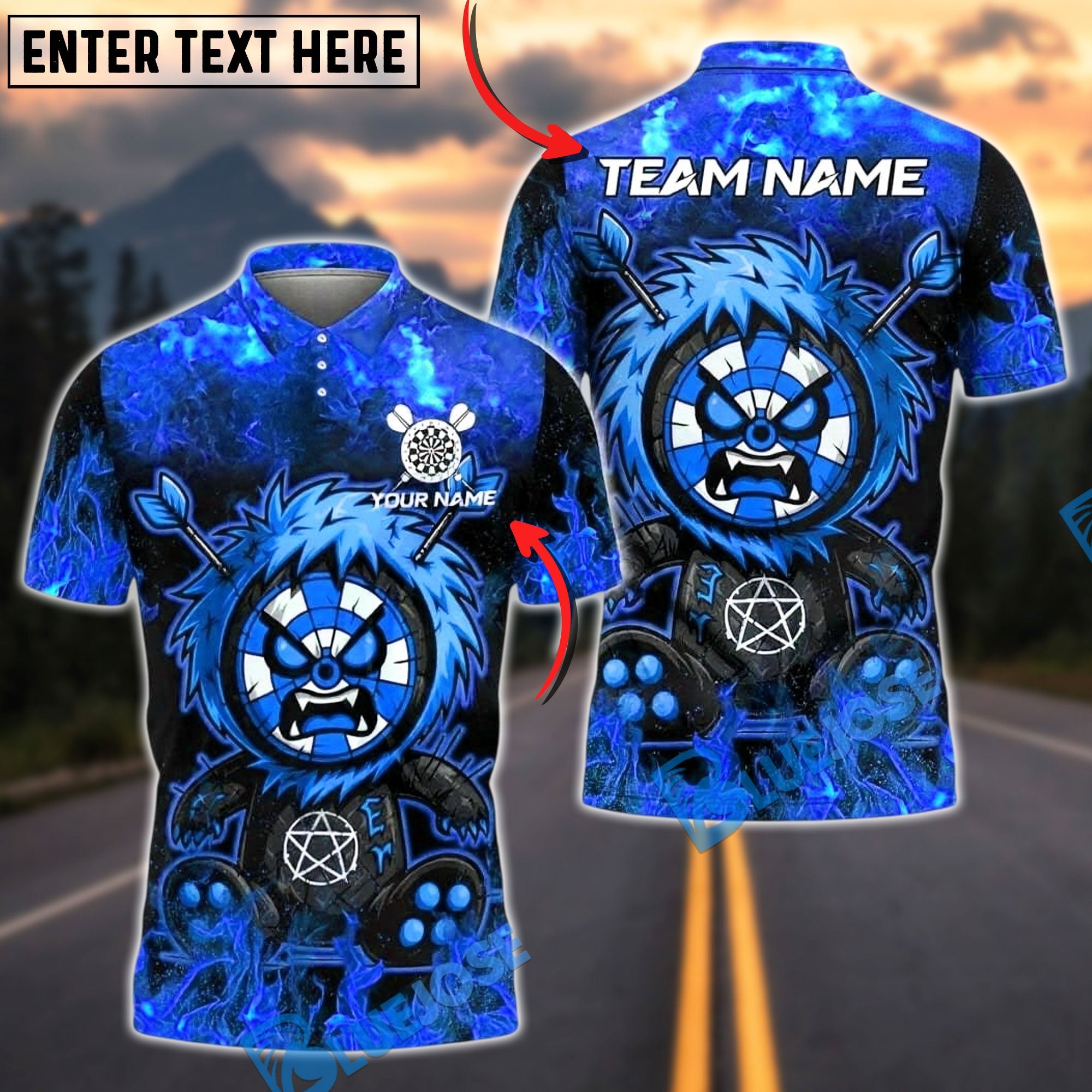 BlueJose Darts Monster Paint Flame Personalized Name, Team Name Unisex Shirt (4 Colors)