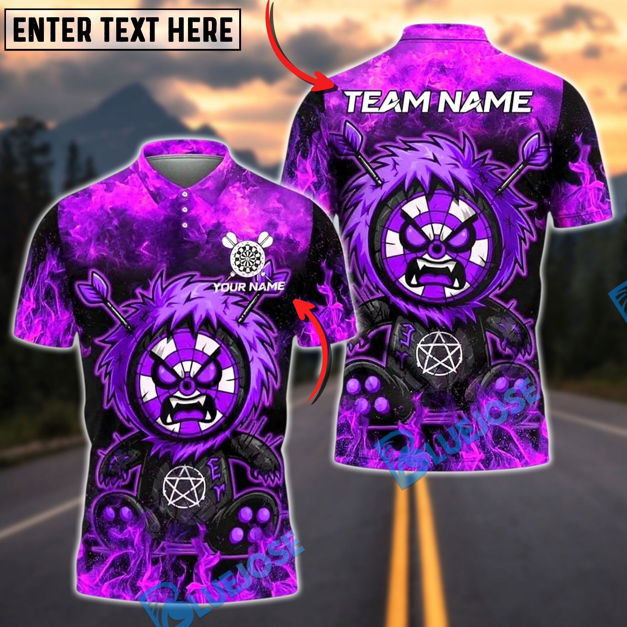 BlueJose Darts Monster Paint Flame Personalized Name, Team Name Unisex Shirt (4 Colors)