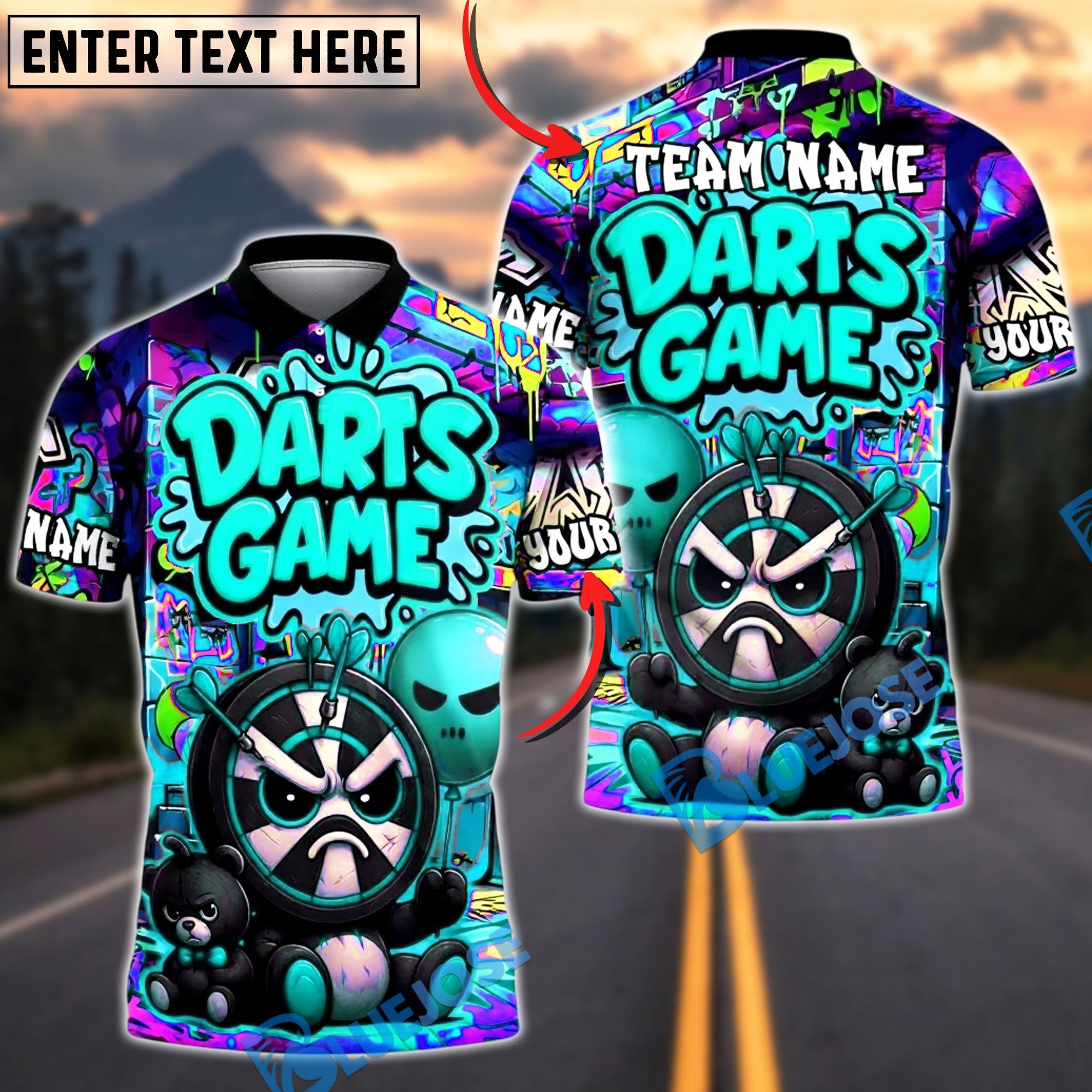 BlueJose Darts Street Graffiti Grumpy Mascot Personalized Name, Team Name Unisex Shirt (4 Colors)