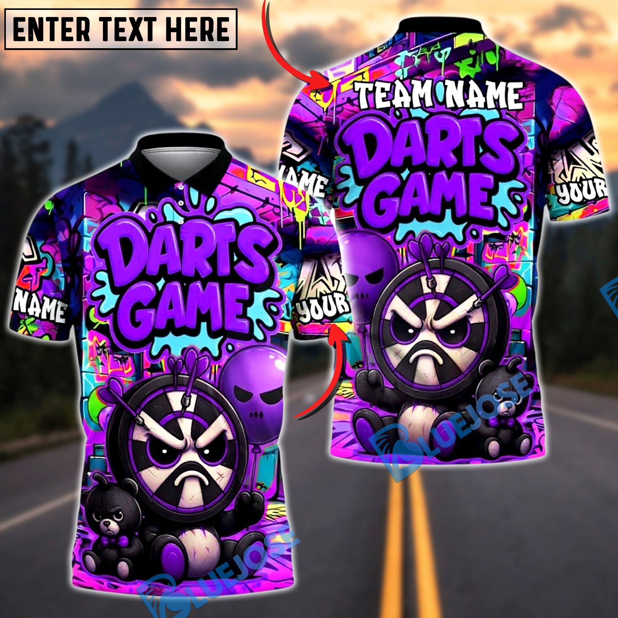 BlueJose Darts Street Graffiti Grumpy Mascot Personalized Name, Team Name Unisex Shirt (4 Colors)