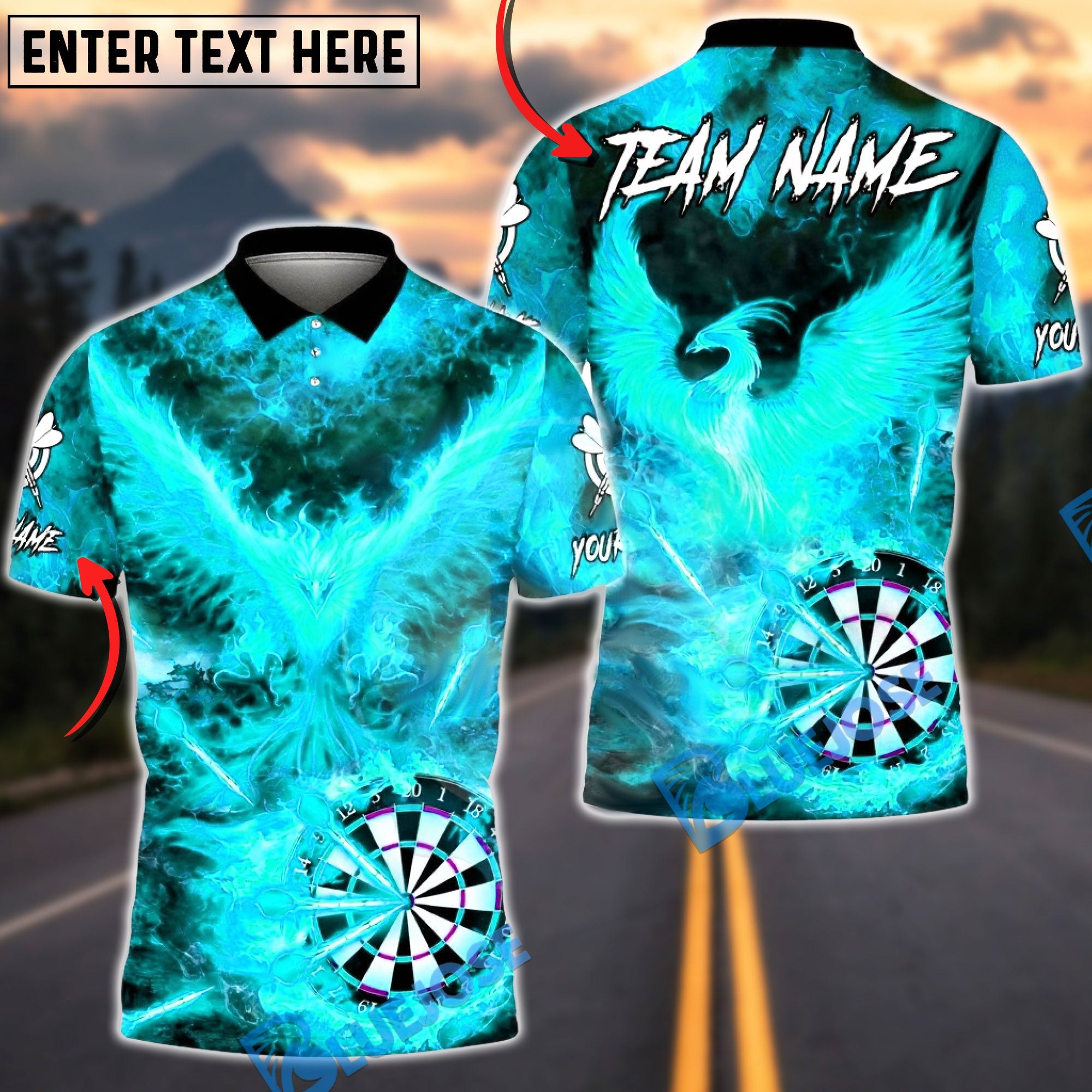 BlueJose Darts Flaming Phoenix Dartboard Multicolor Options Personalized Name Shirt (4 Colors)