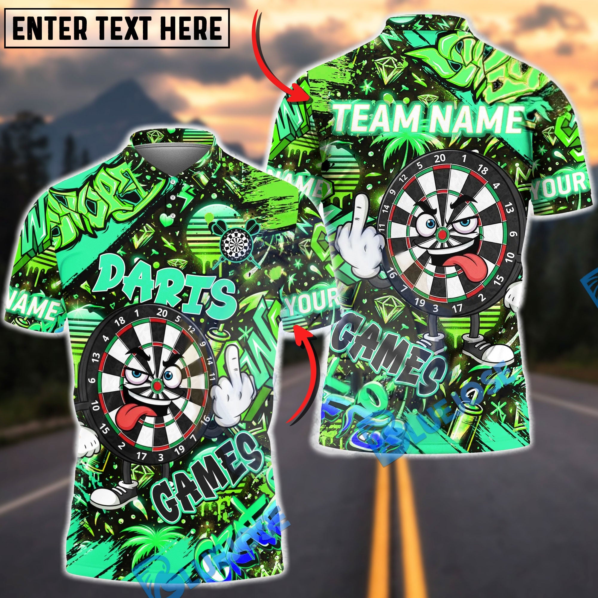 BlueJose Darts Graffiti Game Cartoon Dartboard Multicolor Options Personalized Name Shirt (4 Colors)