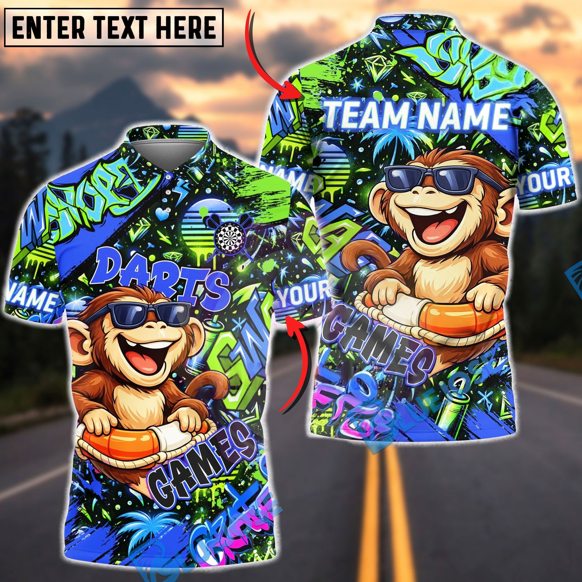 BlueJose Darts Graffiti Cool Monkey Game Character Multicolor Options Personalized Name Shirt (4 Colors)