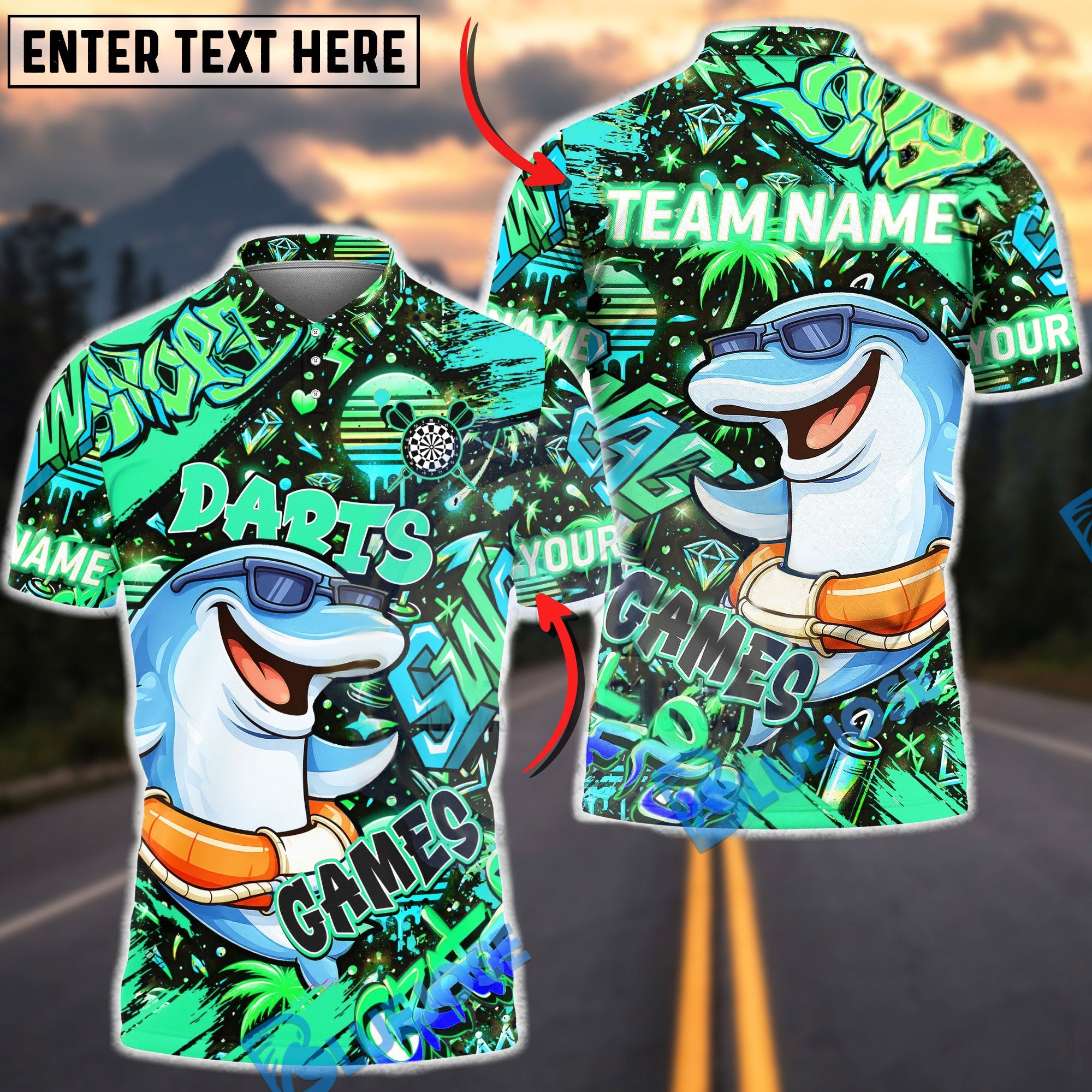 BlueJose Darts Graffiti Cool Dolphin Game Character Multicolor Options Personalized Name Shirt (4 Colors)