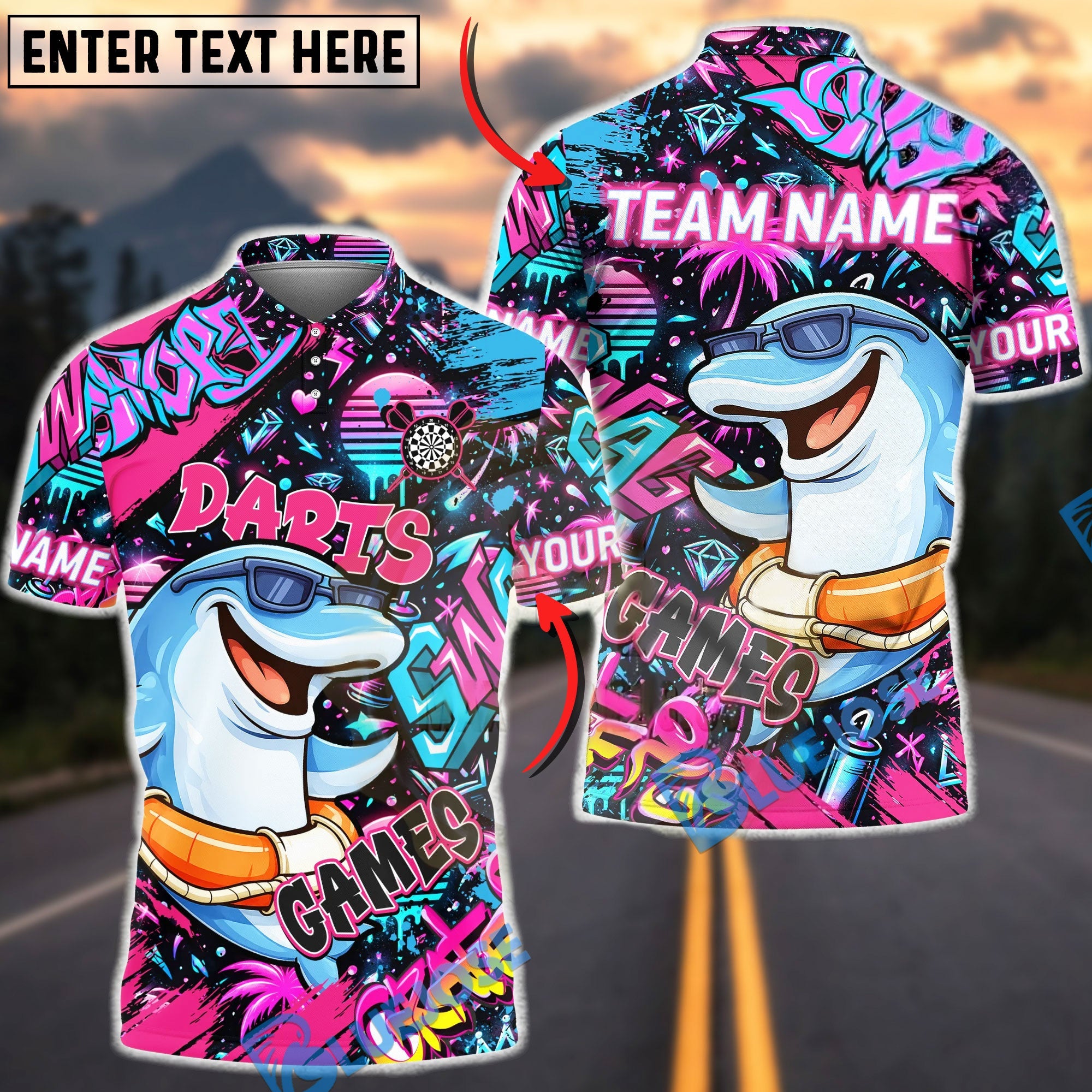 BlueJose Darts Graffiti Cool Dolphin Game Character Multicolor Options Personalized Name Shirt (4 Colors)