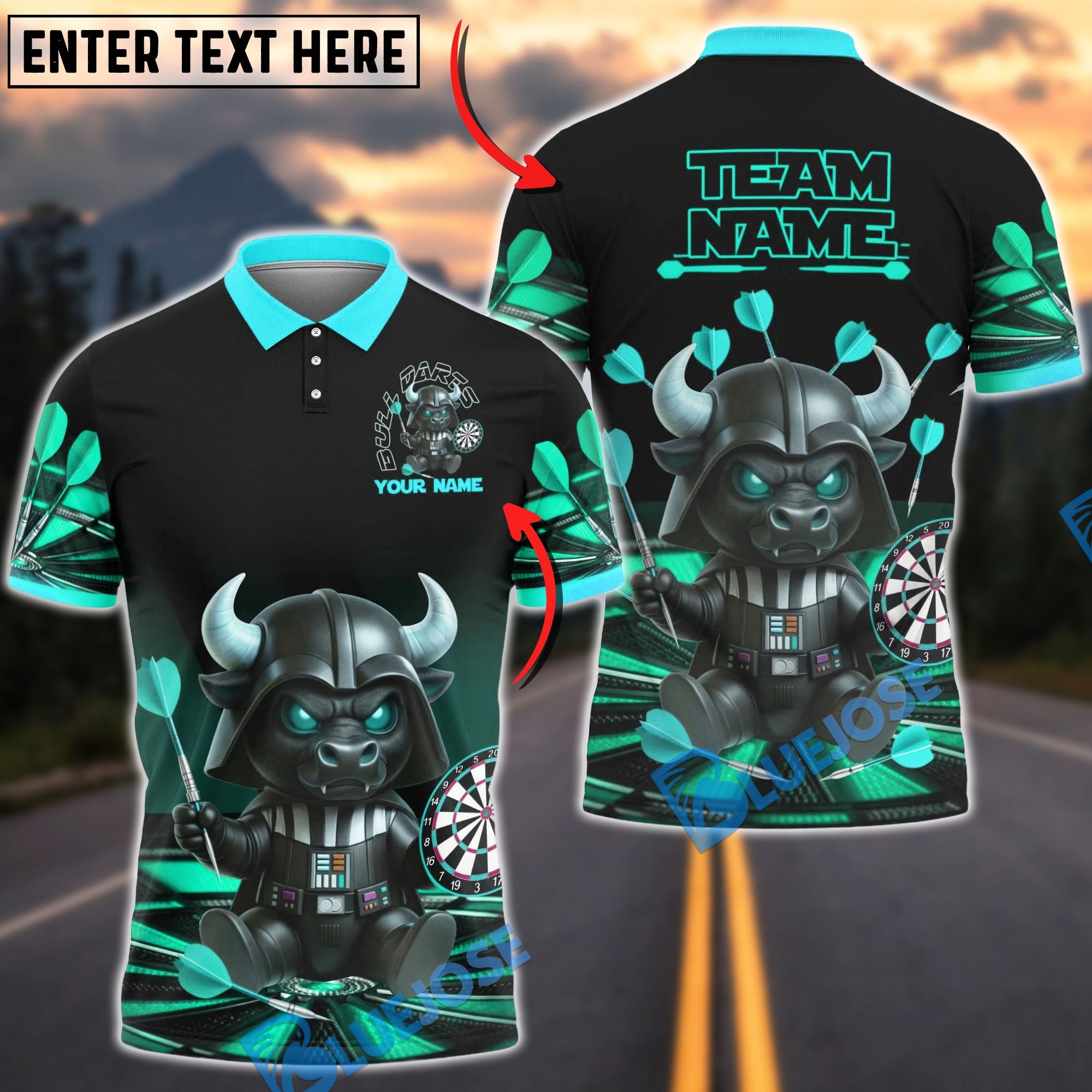 BlueJose Darts Bull Darth Bullseye Personalized Name, Team Name Unisex Shirt (4 Colors)