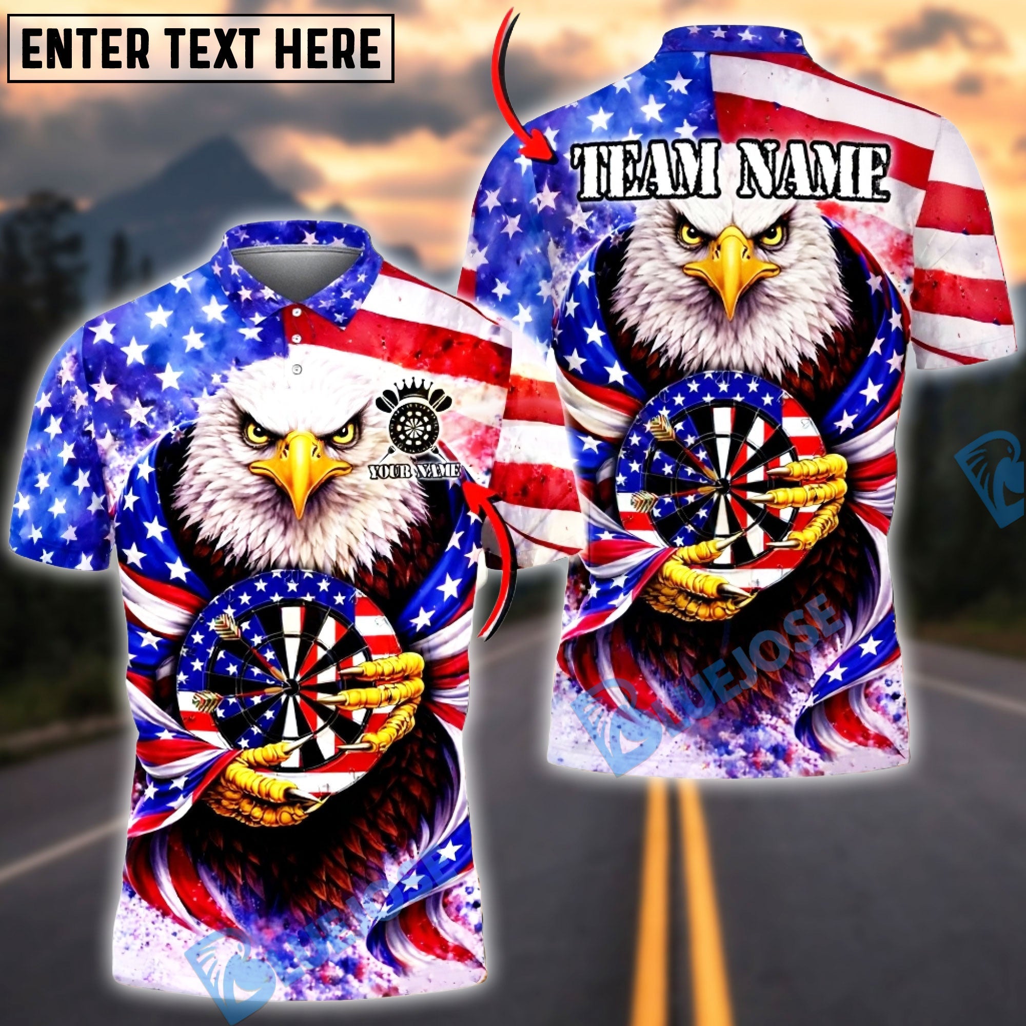 BlueJose Darts American Eagle USA Flag New Day Dartboard Personalized Name Shirt
