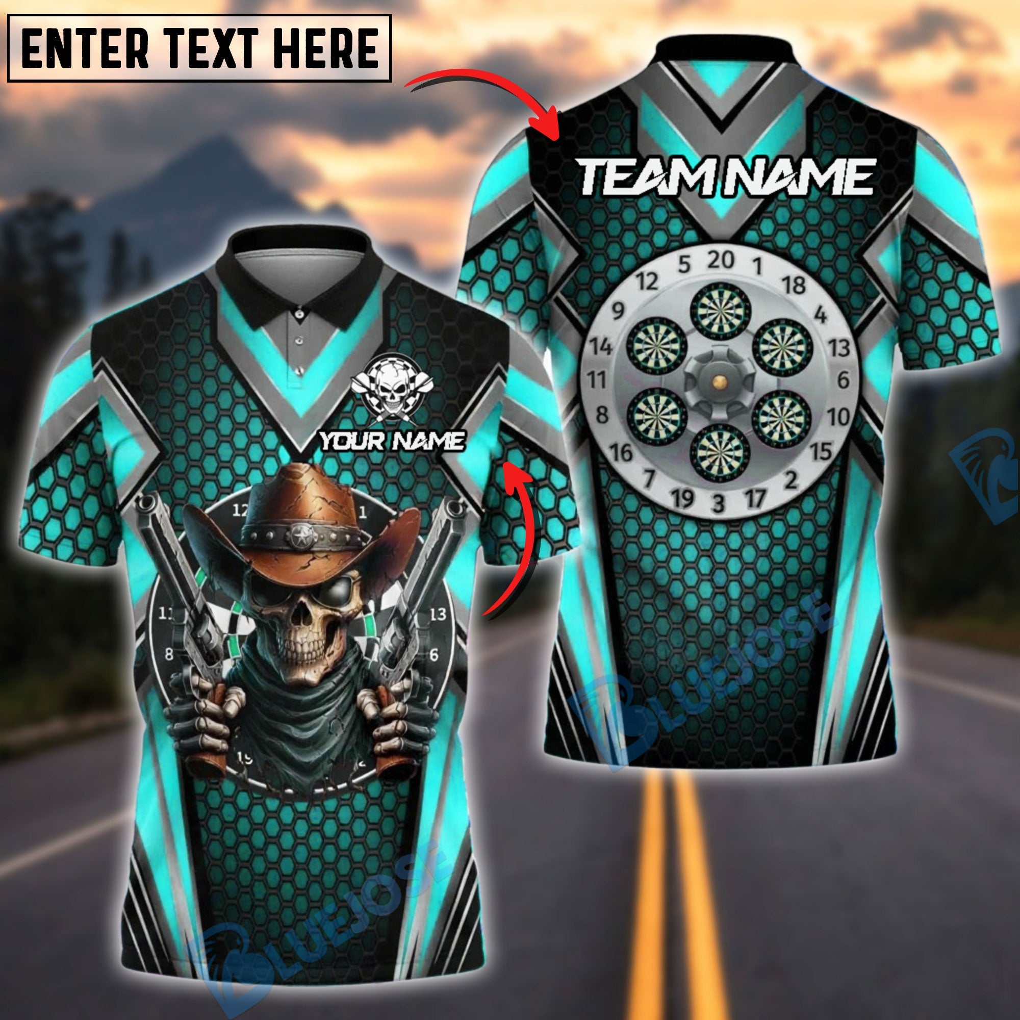 BlueJose Darts Skull Cowboy Customized Name, Team Name 3D Shirt (4 Colors)
