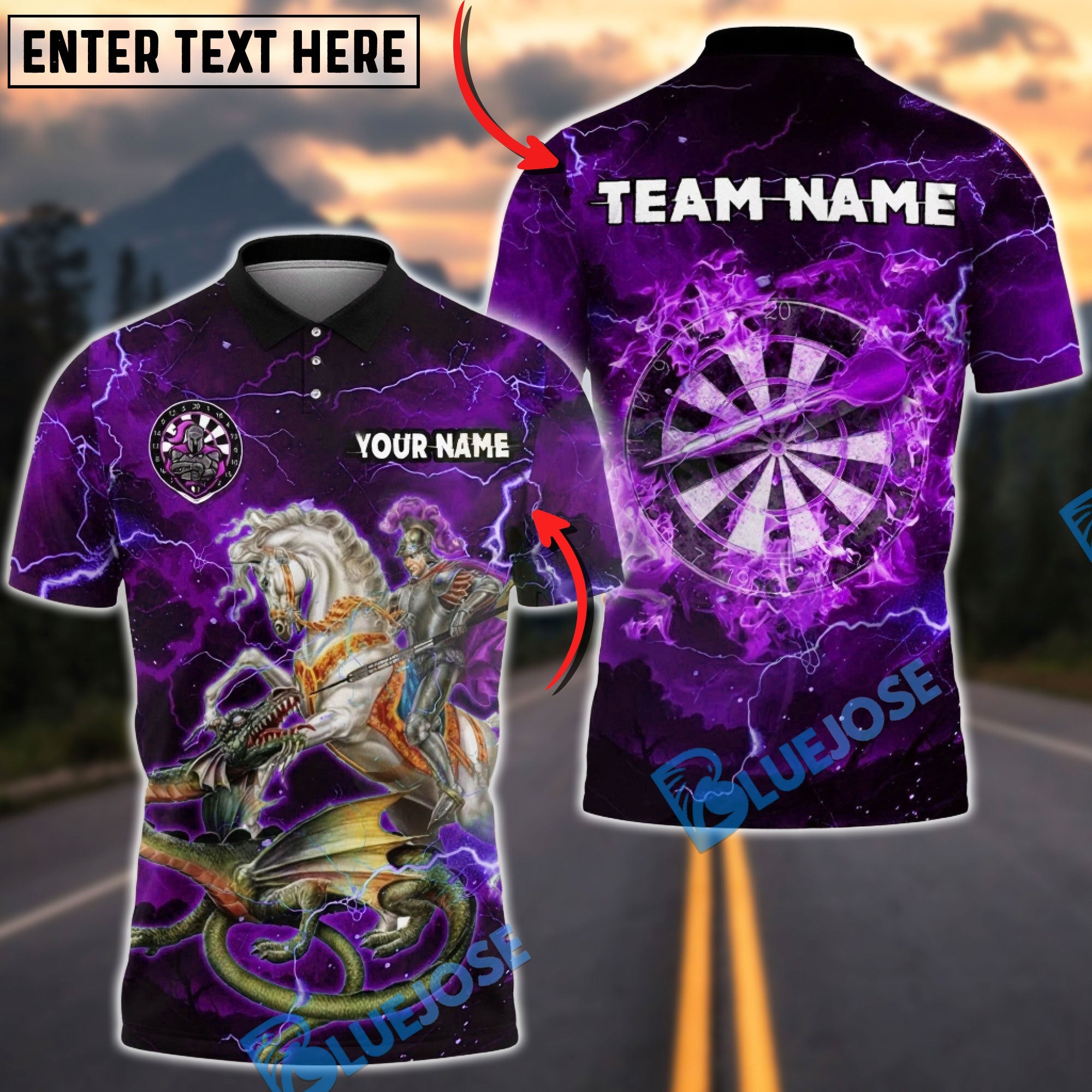 BlueJose Darts Knight Slaying Dragon Multicolor Options Personalized Name Shirt (4 Colors)