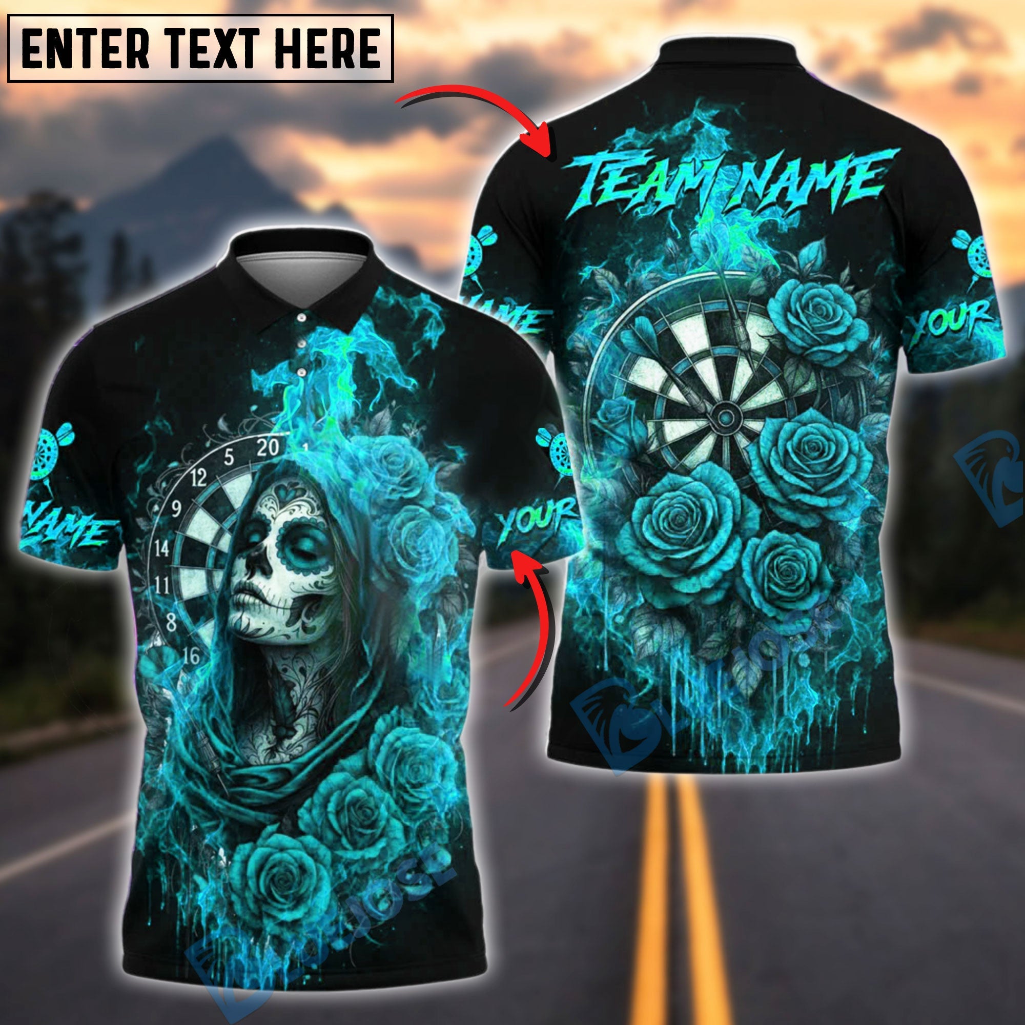 BlueJose Darts Skull Girl Flaming Rose Customized Name, Team Name 3D Shirt (4 Colors)