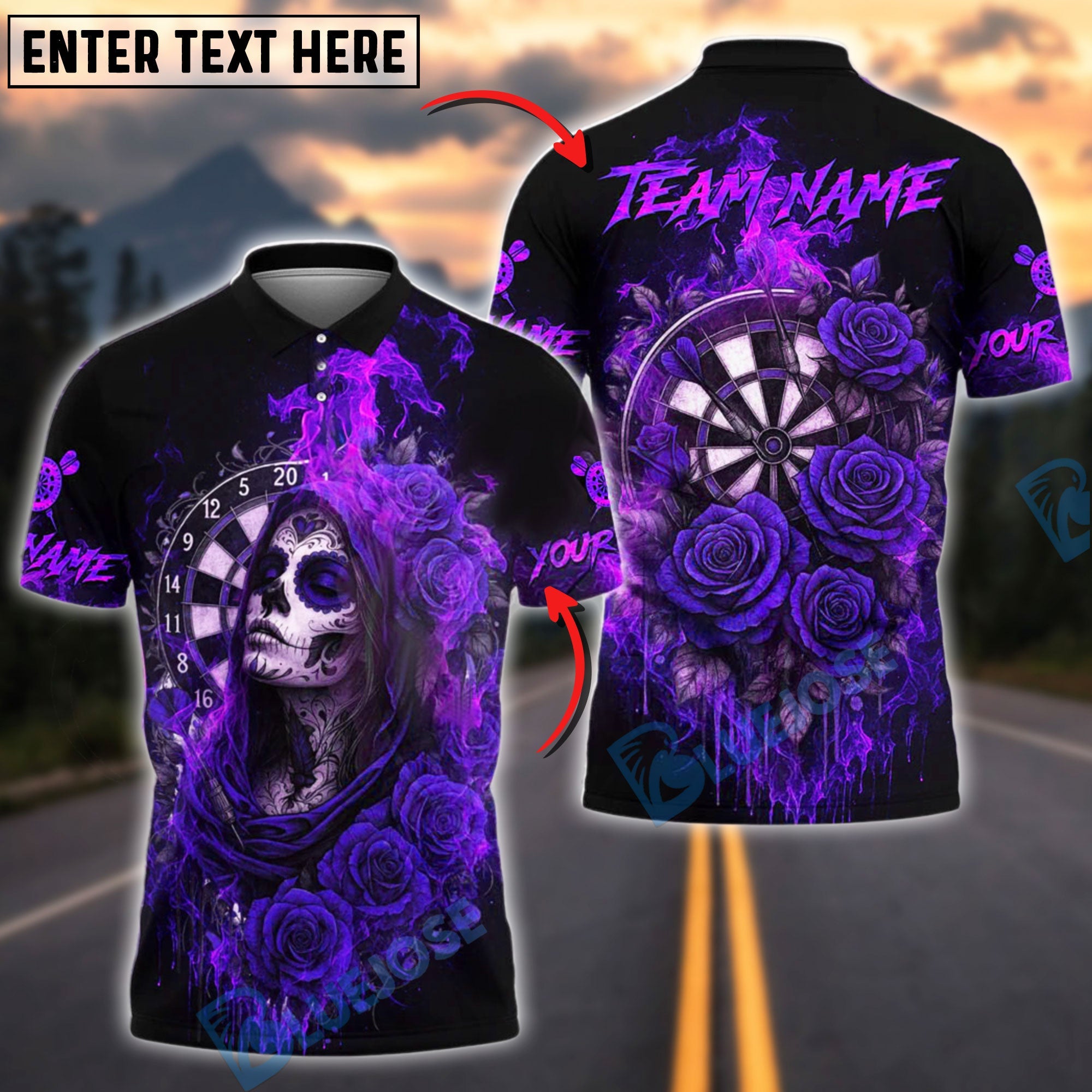 BlueJose Darts Skull Girl Flaming Rose Customized Name, Team Name 3D Shirt (4 Colors)