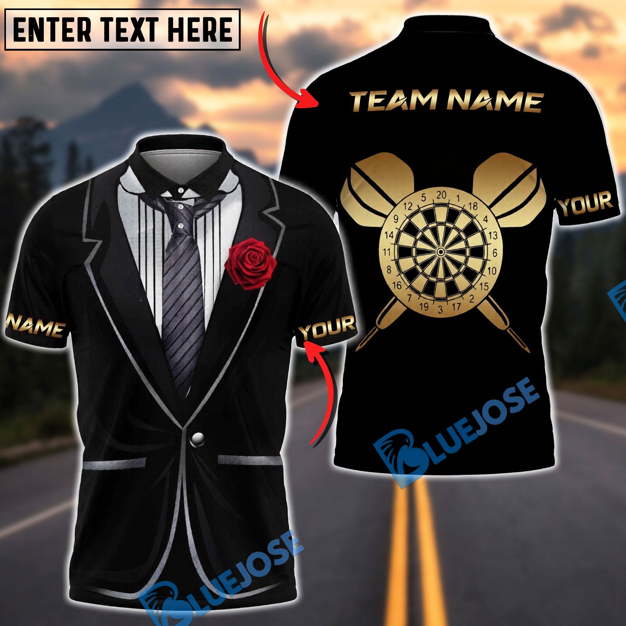 BlueJose Darts Tuxedo Rose Personalized Name Shirt