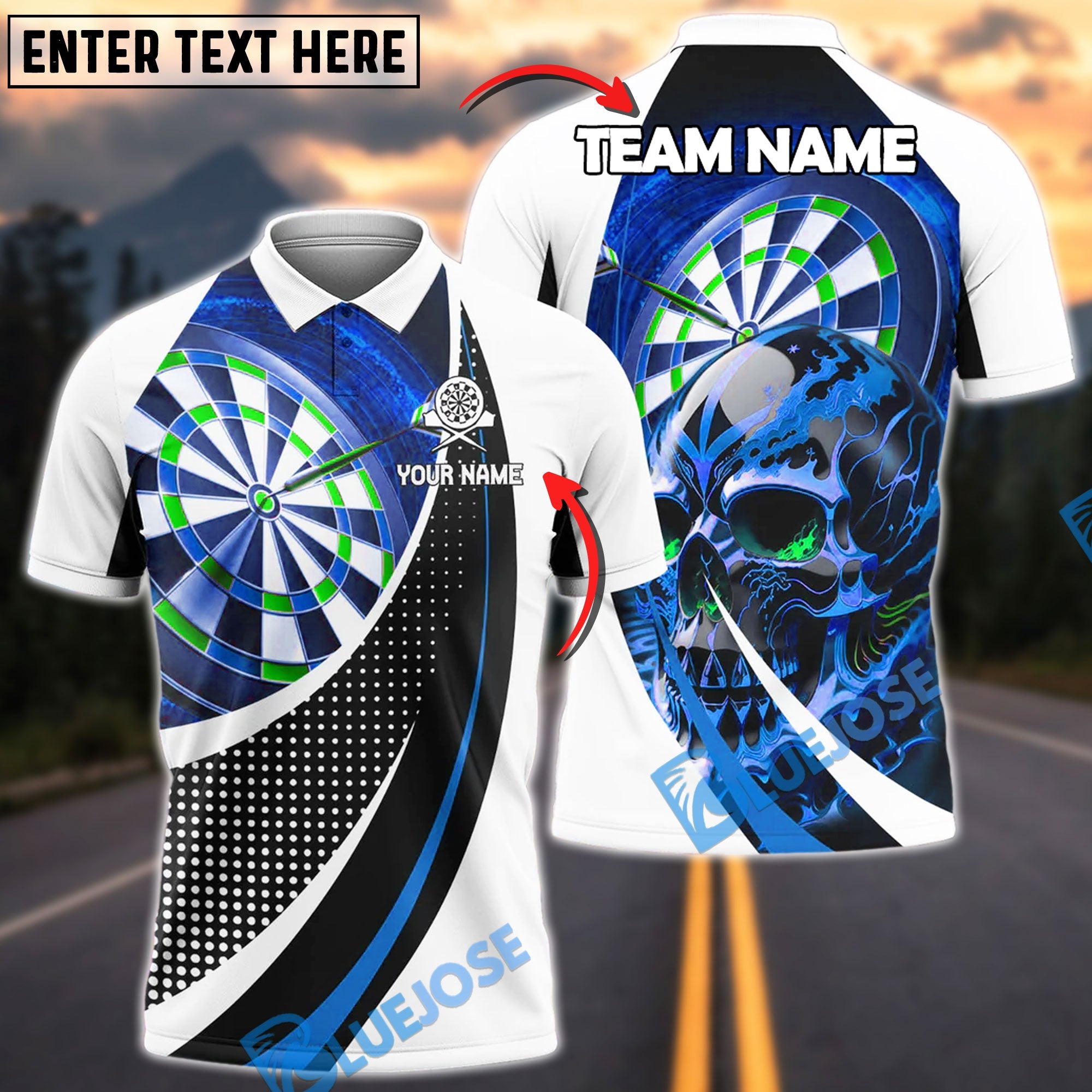 BlueJose Darts Skull Fire Melting Personalized Name, Team Name Shirt (4 Colors)