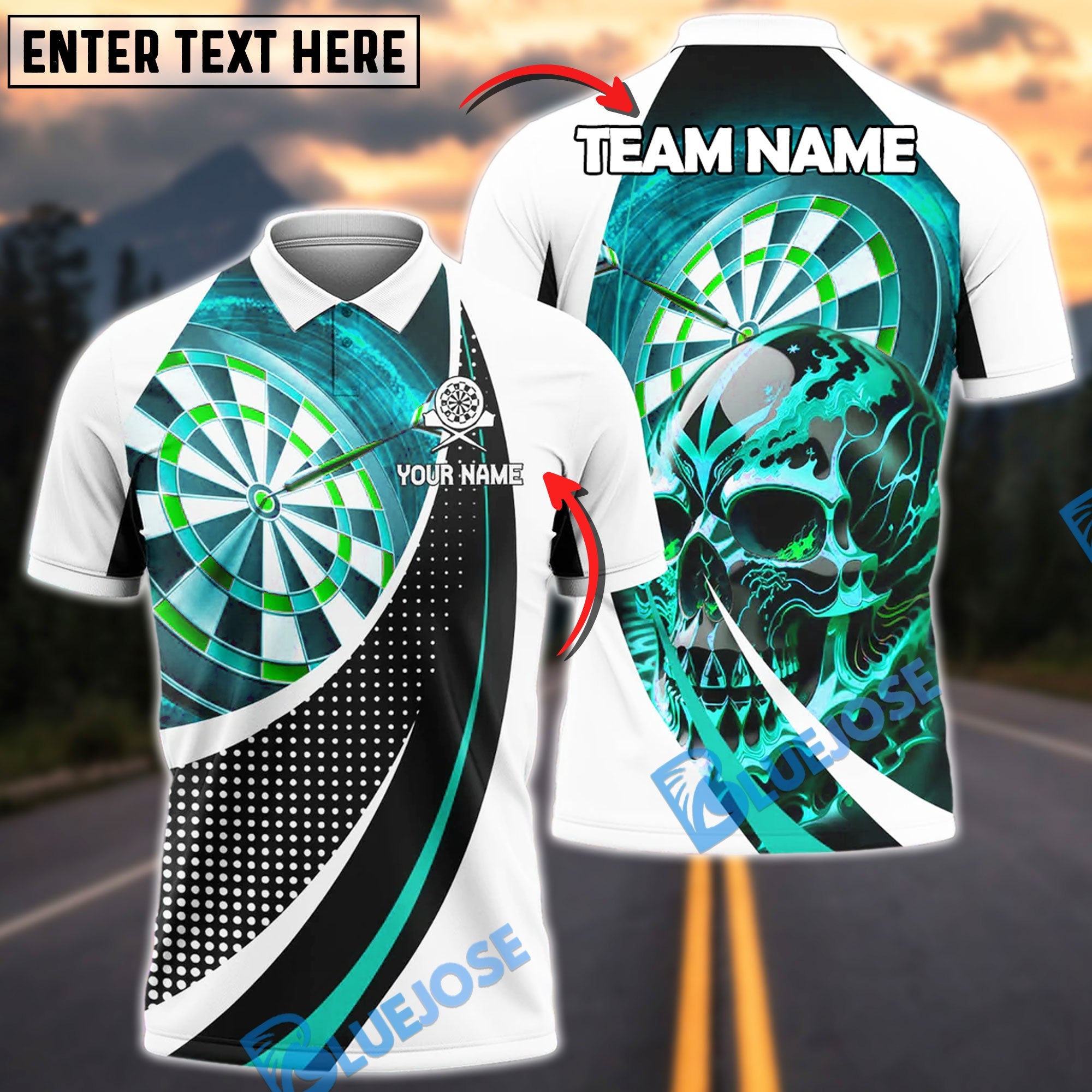 BlueJose Darts Skull Fire Melting Personalized Name, Team Name Shirt (4 Colors)