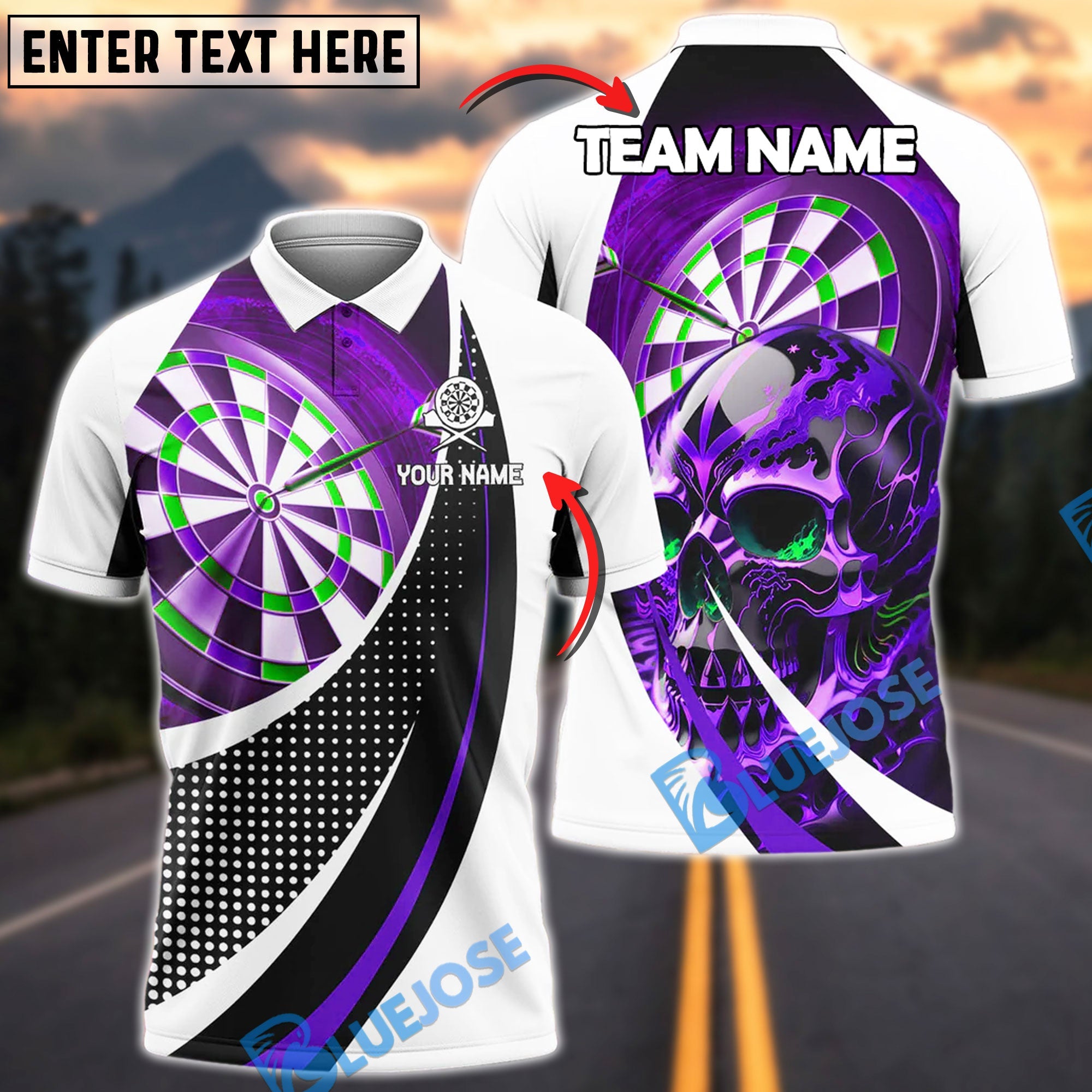 BlueJose Darts Skull Fire Melting Personalized Name, Team Name Shirt (4 Colors)