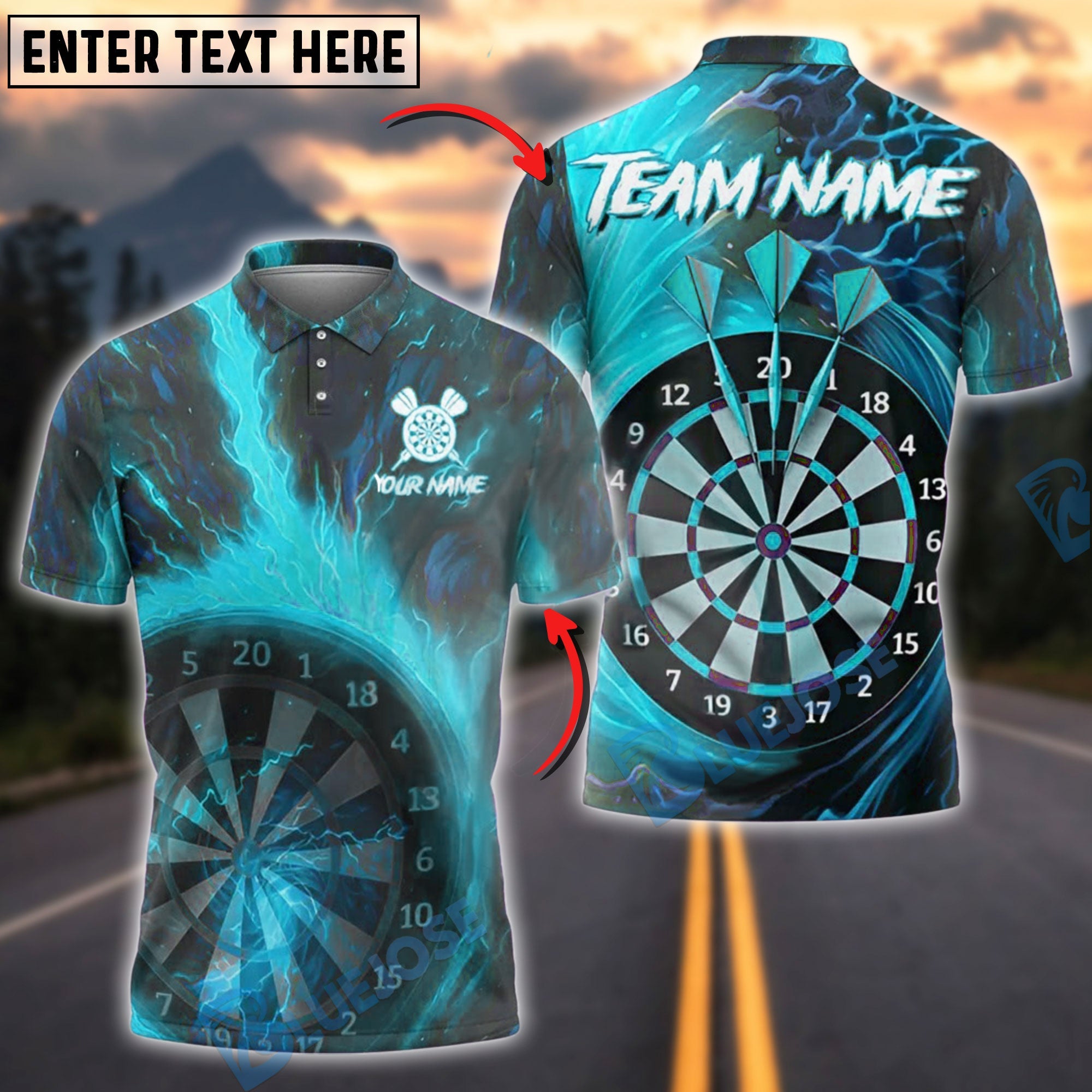 BlueJose Darts Blazing Bullseye Personalized Name, Team Name Shirt (4 Colors)