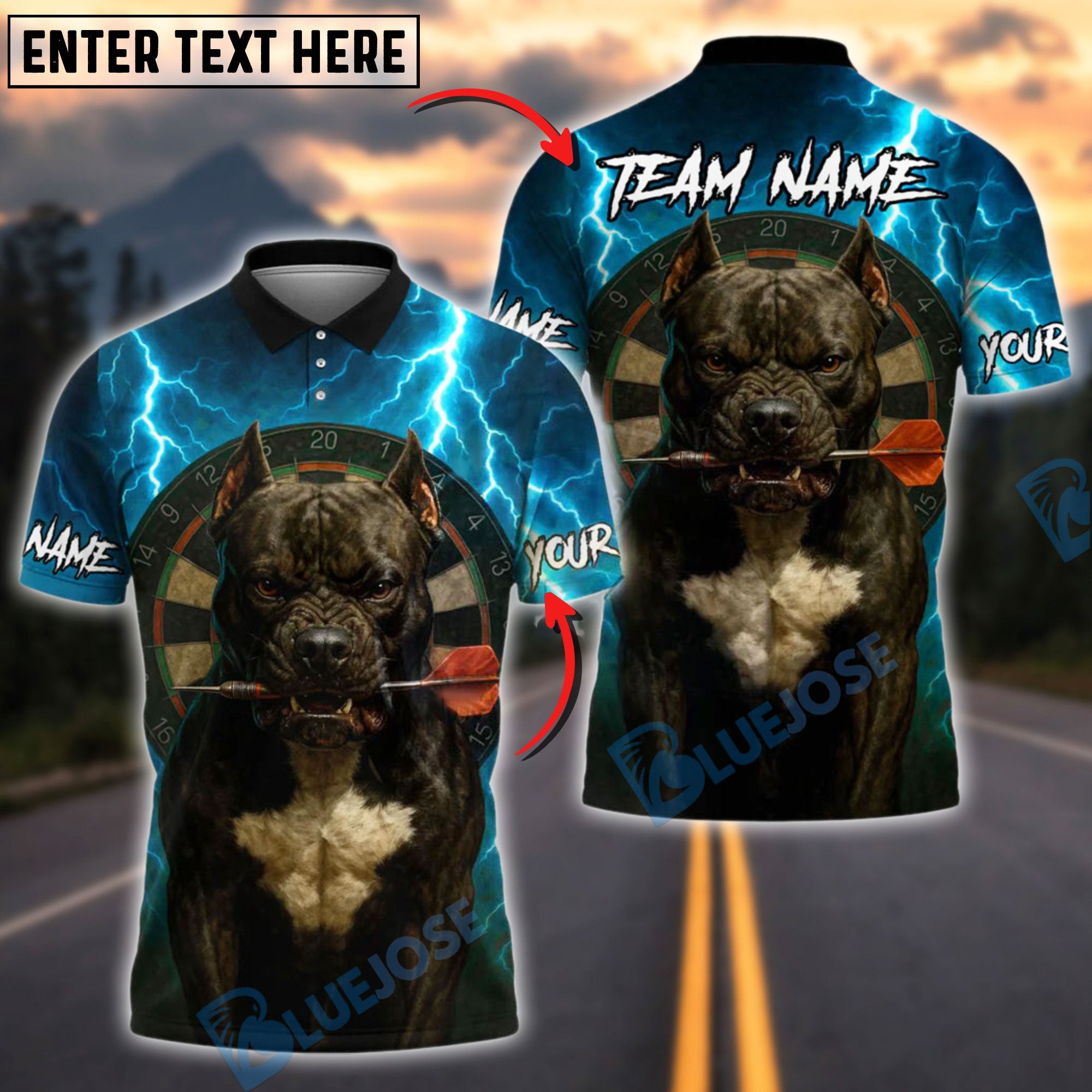 BlueJose Darts Pitbull Thunder Personalized Name, Team Name Shirt (4 Colors)