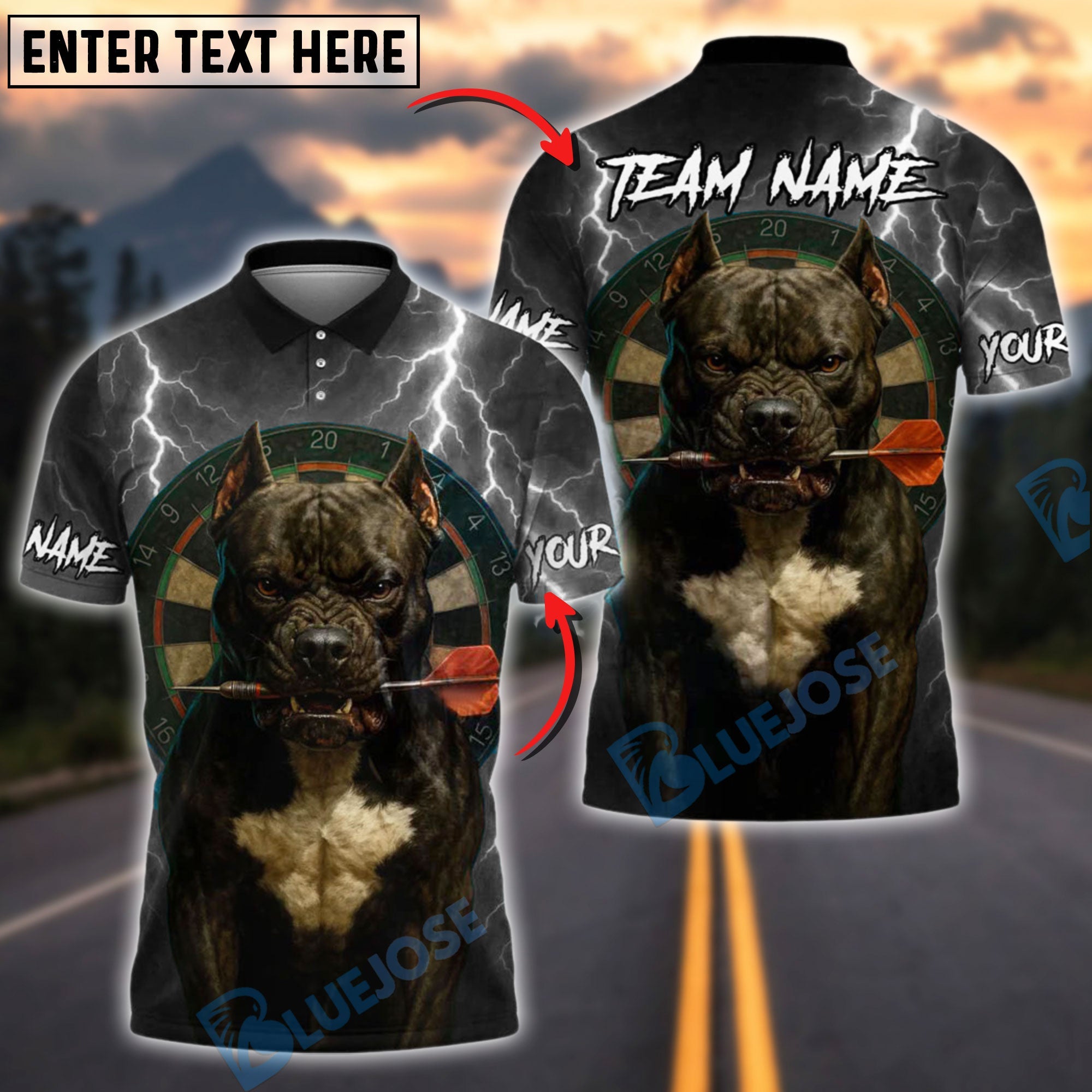 BlueJose Darts Pitbull Thunder Personalized Name, Team Name Shirt (4 Colors)