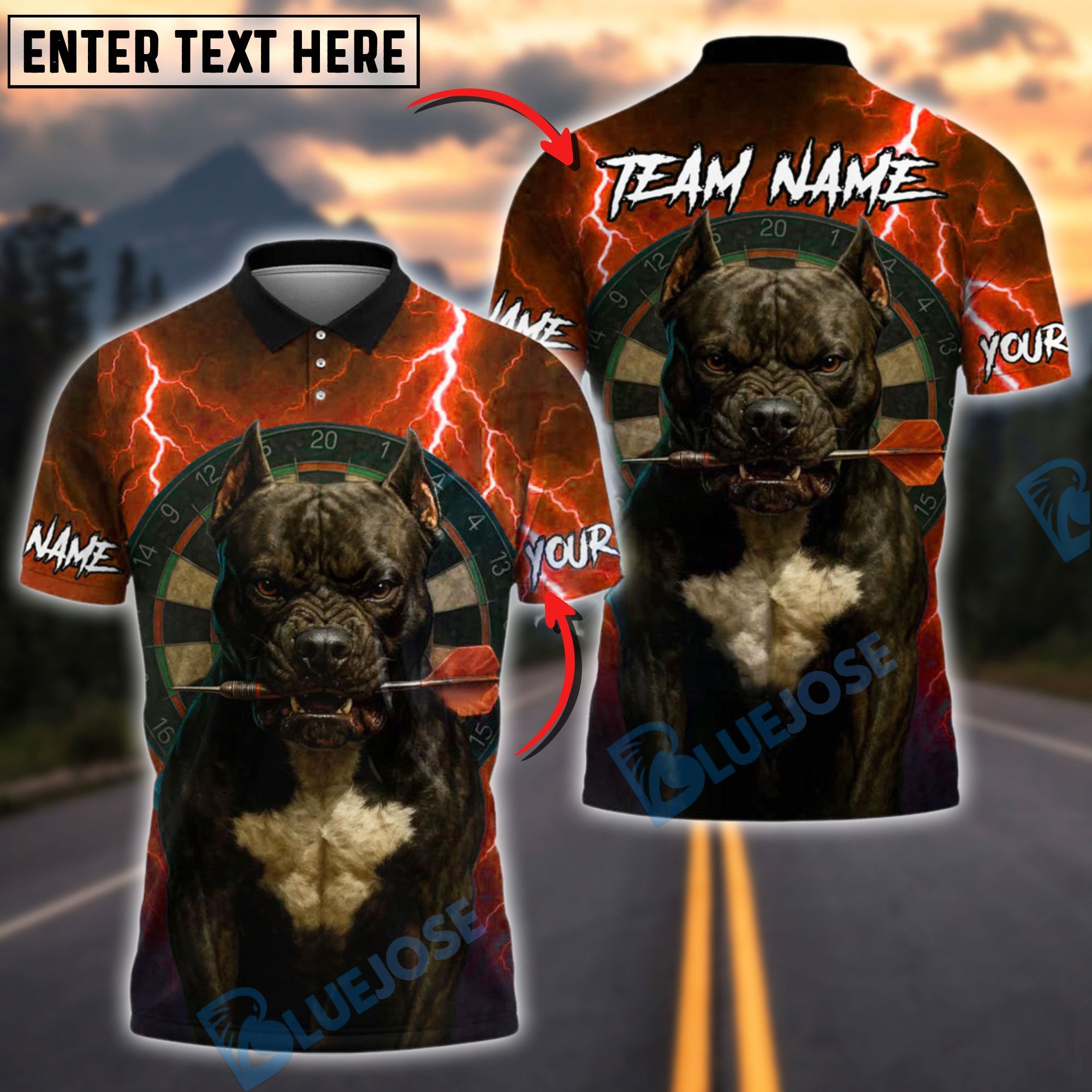 BlueJose Darts Pitbull Thunder Personalized Name, Team Name Shirt (4 Colors)