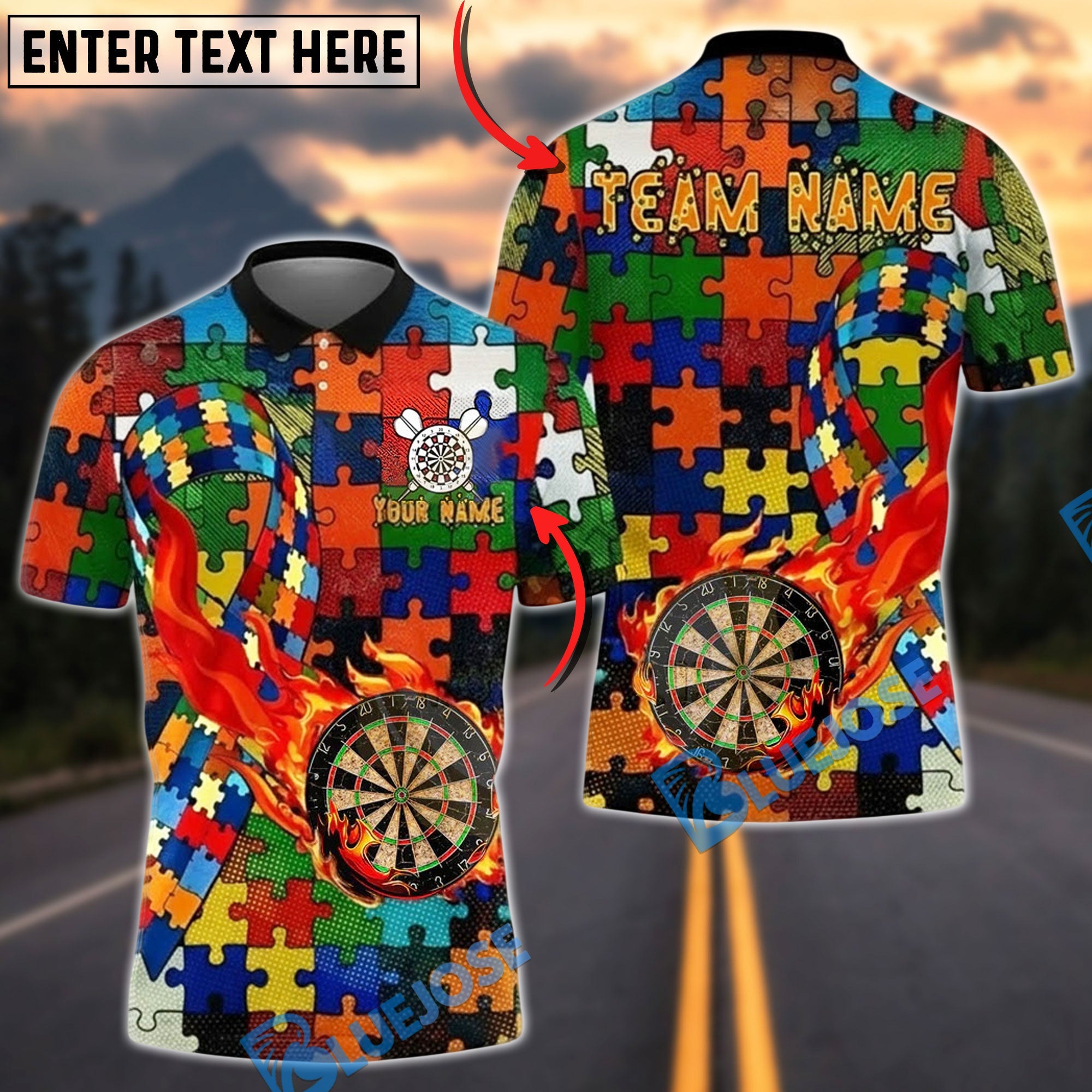 BlueJose Darts Puzzle Pattern Flaming Target Autism Awareness Personalized Name Shirt