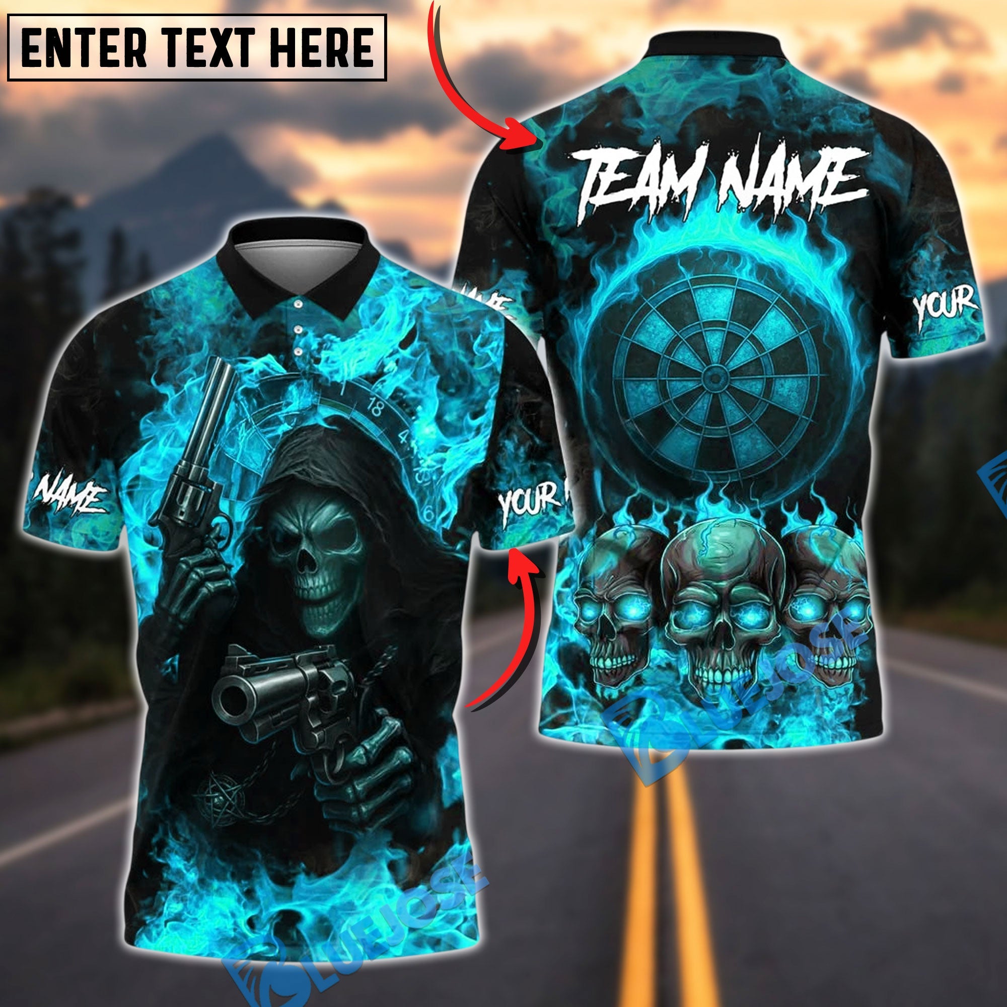 BlueJose Darts Flaming Skull Reaper And Gun Personalized Name, Team Name Unisex Shirt (4 Colors)