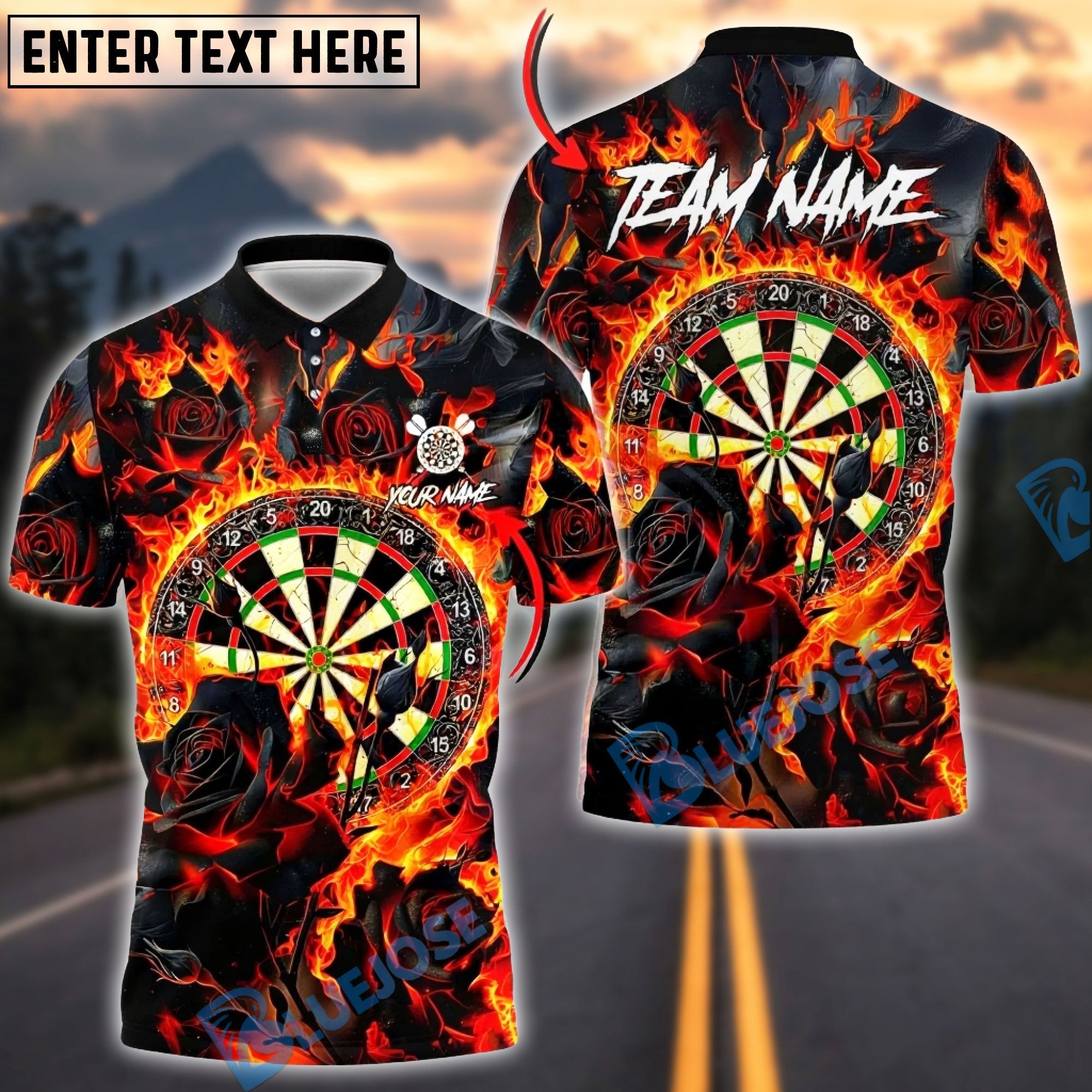 BlueJose Darts Flaming Roses Dartboard Multicolor Options Personalized Name Shirt (4 Colors)