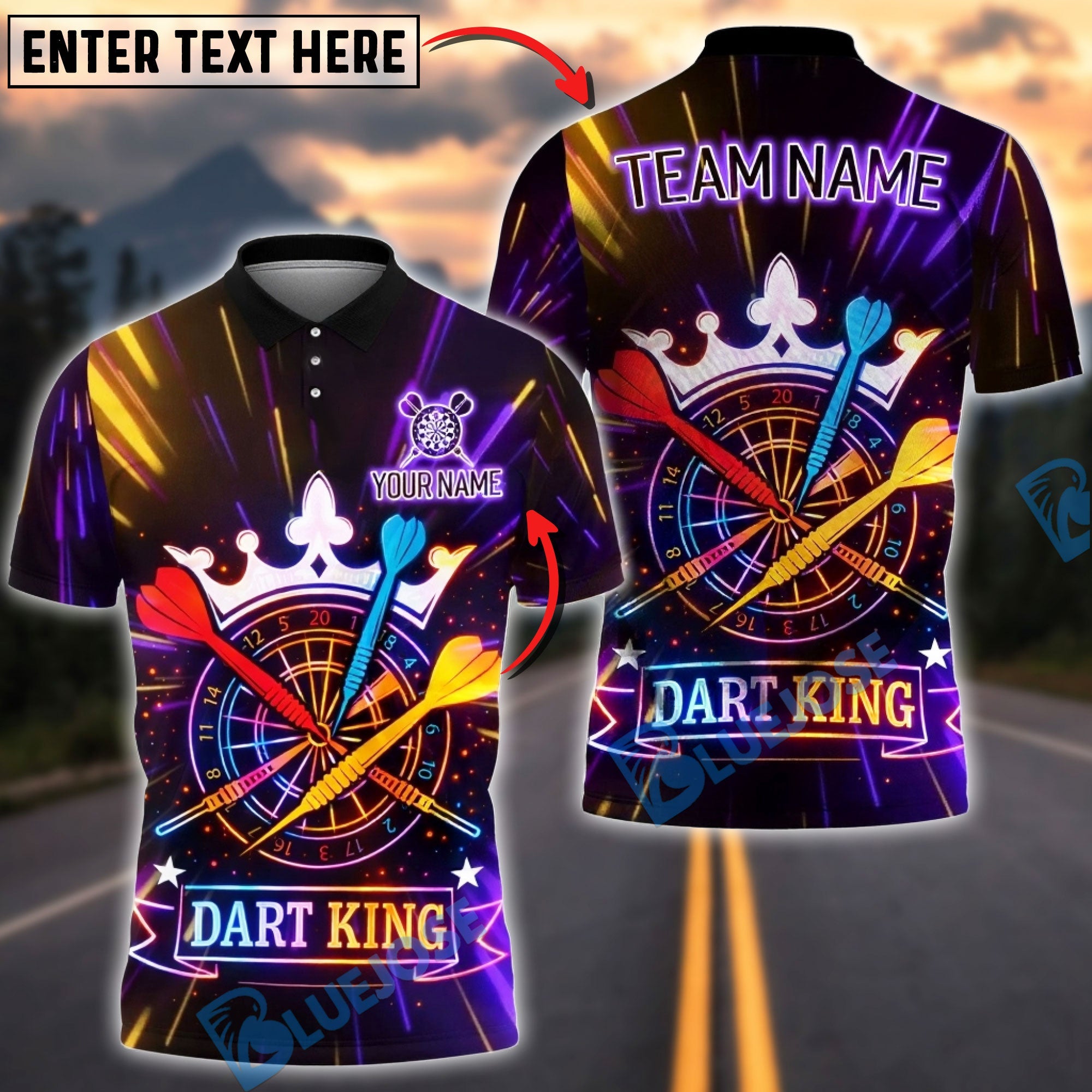 BlueJose Darts Neon Crown Dartboard Dart King Design Personalized Name Shirt