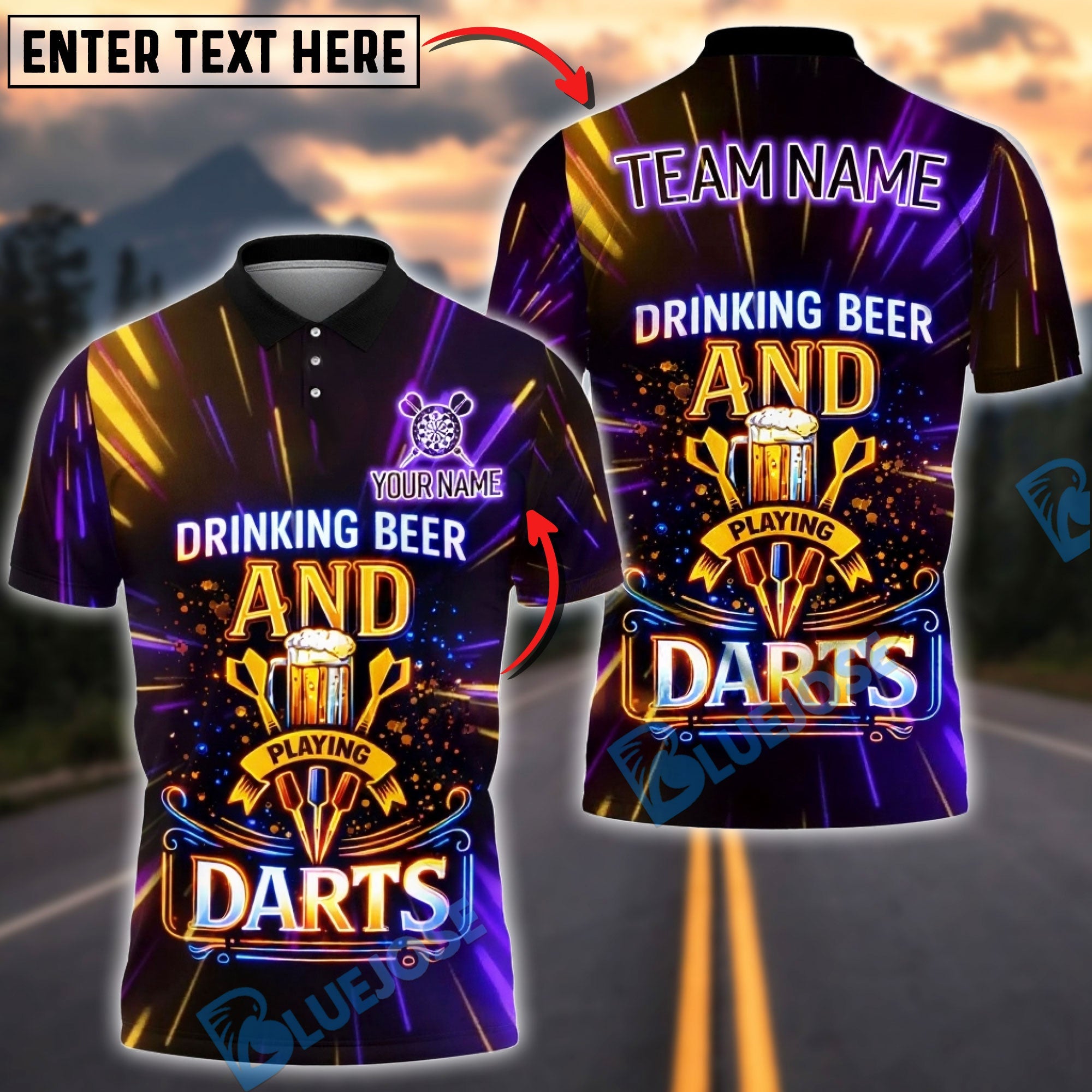 BlueJose Darts Neon Beer Drinking Beer And Playing Darts Bar Style Personalized Name Shirt