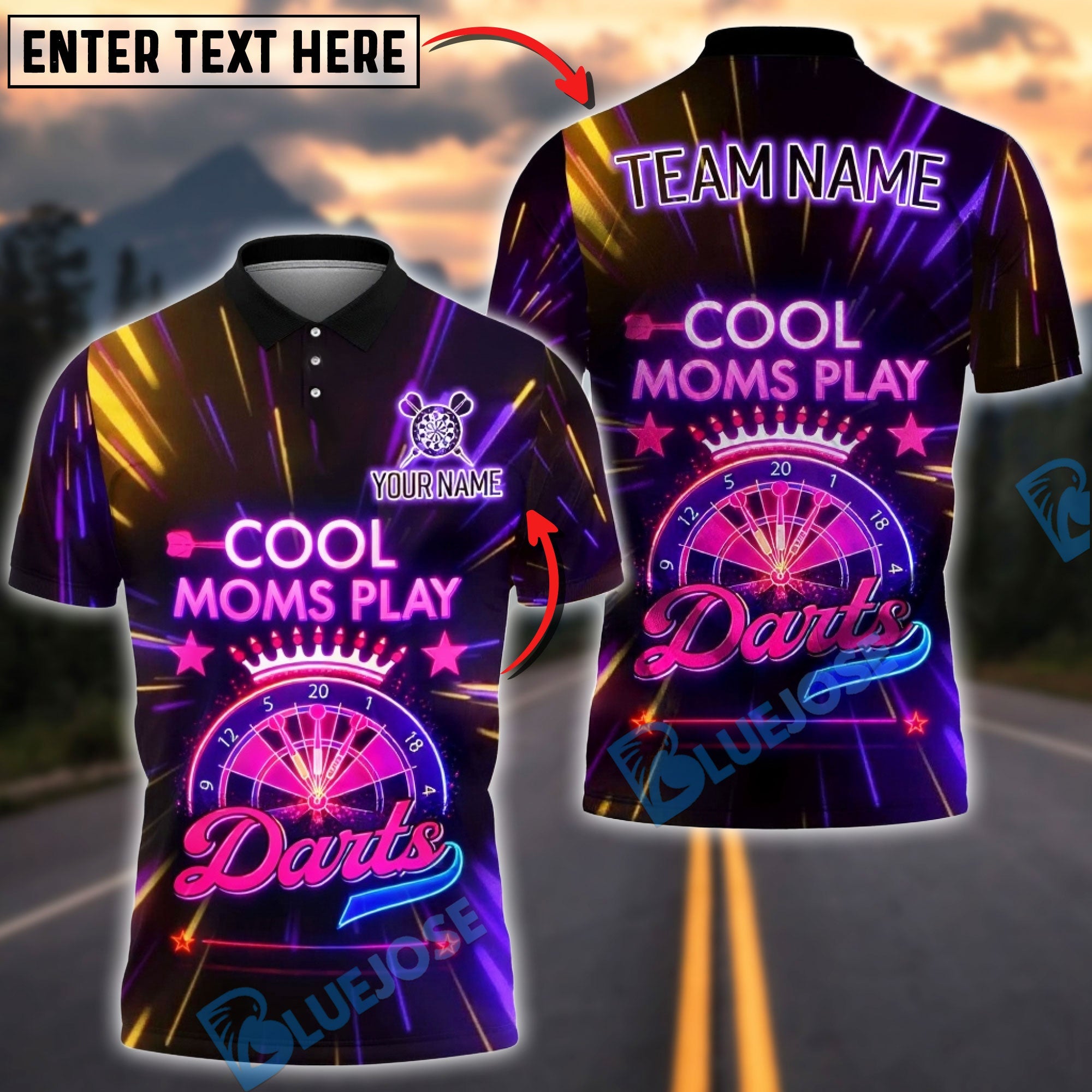 BlueJose Darts Neon Cool Moms Play Darts Crown Dartboard Design Personalized Name Shirt