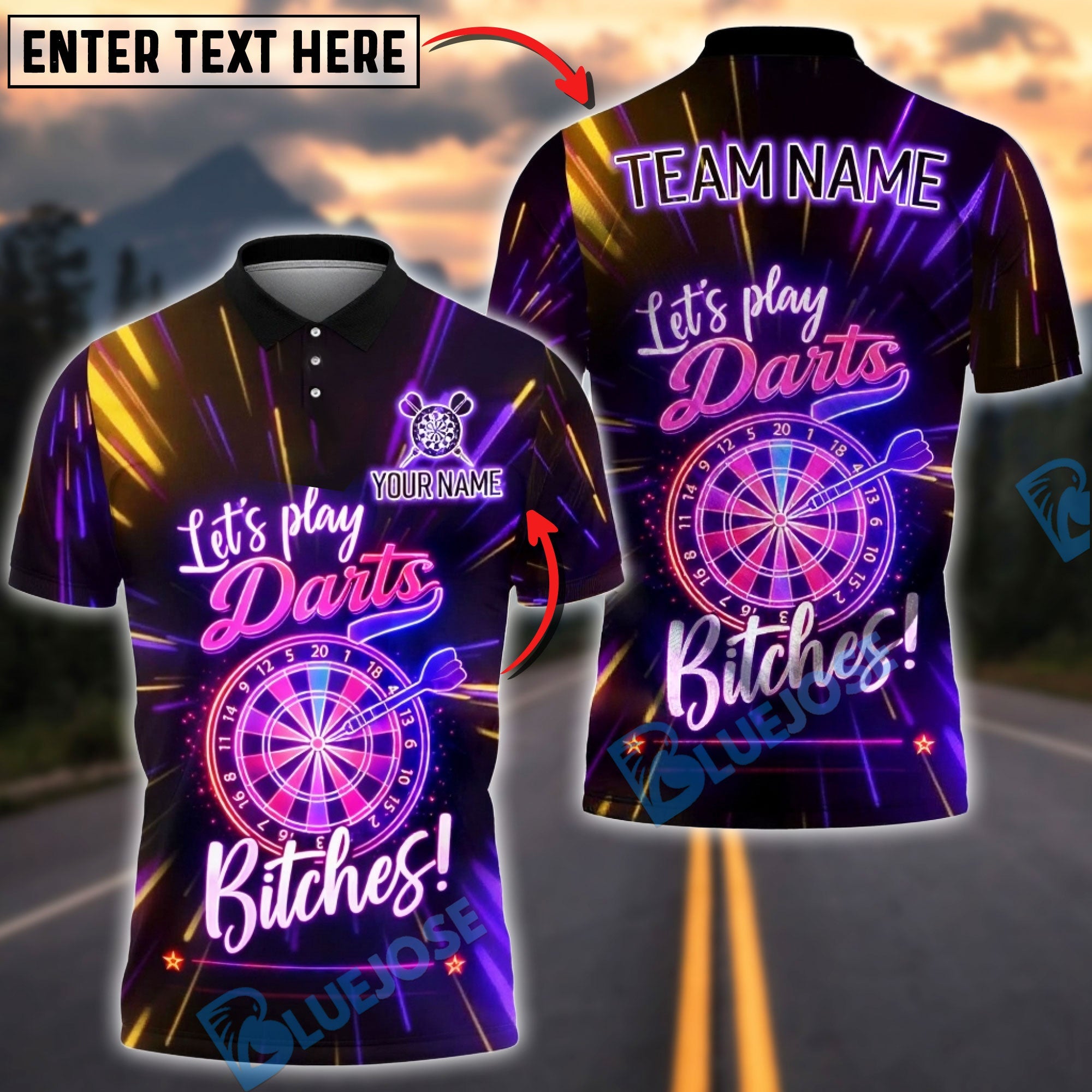 BlueJose Darts Neon Funny Quote Let‚Äôs Play Darts Bitches Dartboard Design Personalized Name Shirt