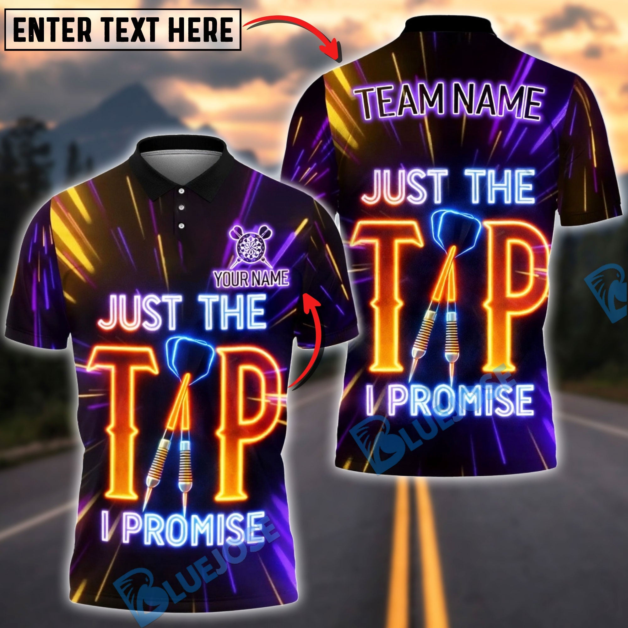 BlueJose Darts Neon Quote Just The Tip I Promise Funny Dart Player Personalized Name Shirt