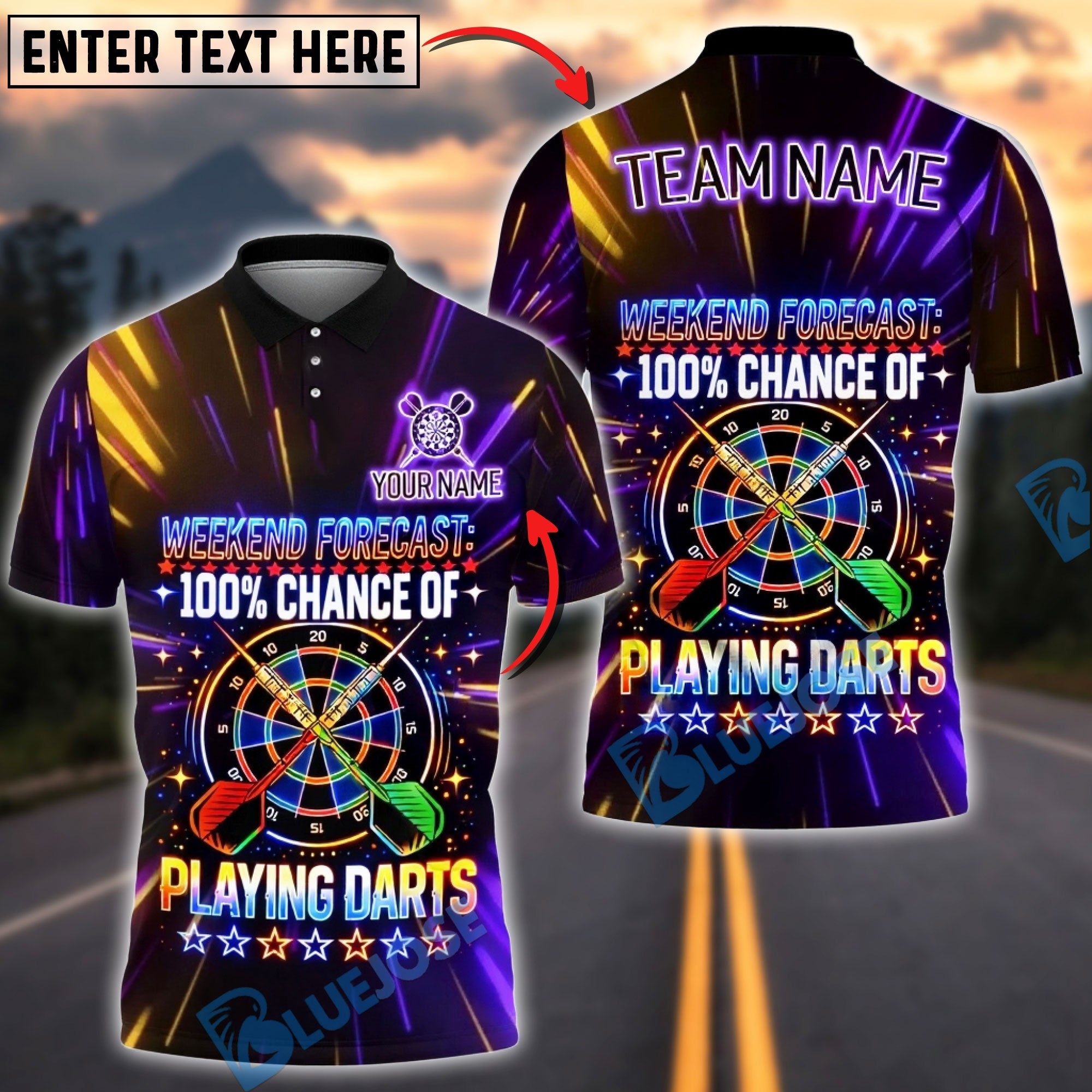 BlueJose Darts Neon Weekend Forecast 100% Chance Of Playing Darts Personalized Name Shirt