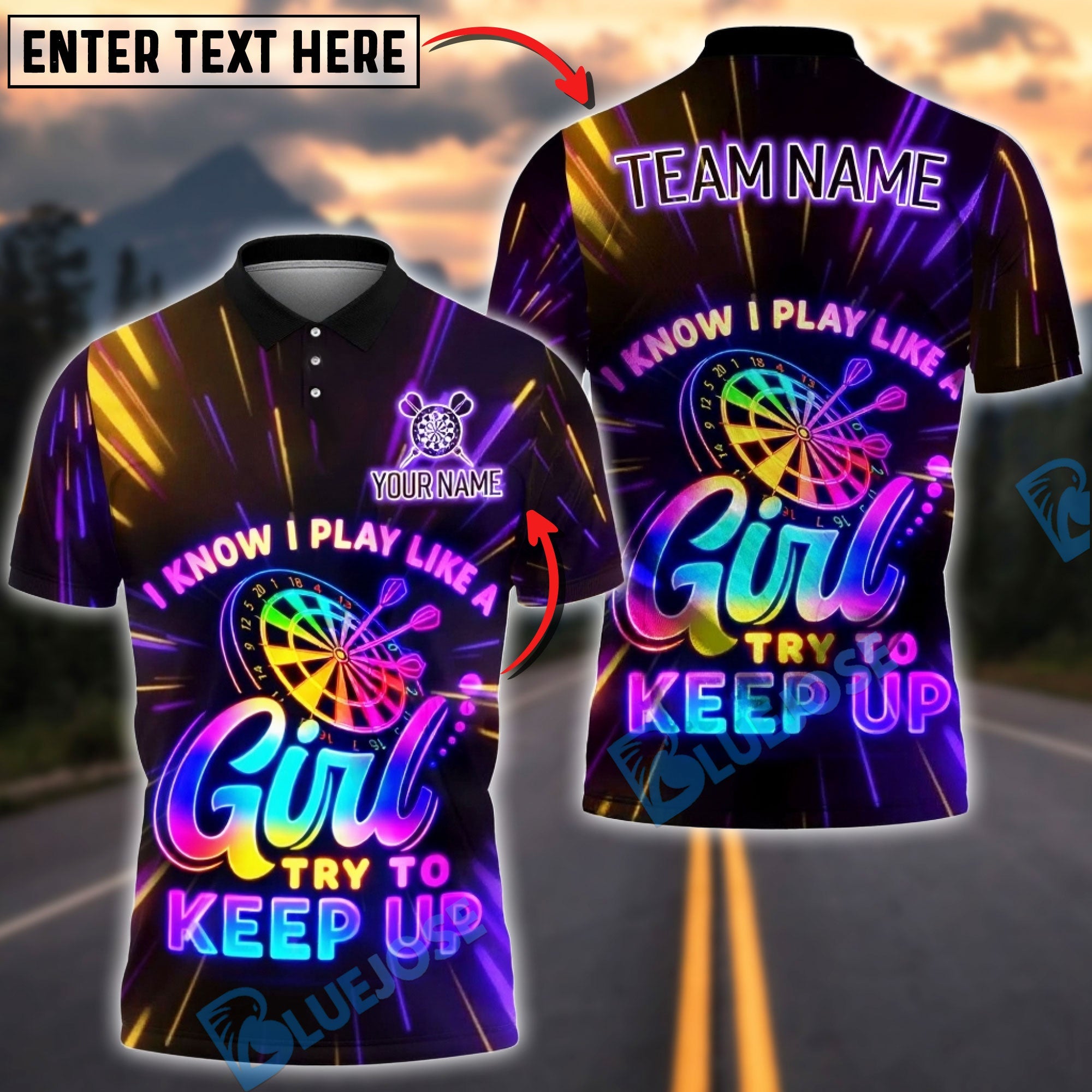 BlueJose Darts Neon Funny Quote I Know I Play Like A Girl Try To Keep Up Dartboard Design Personalized Name Shirt