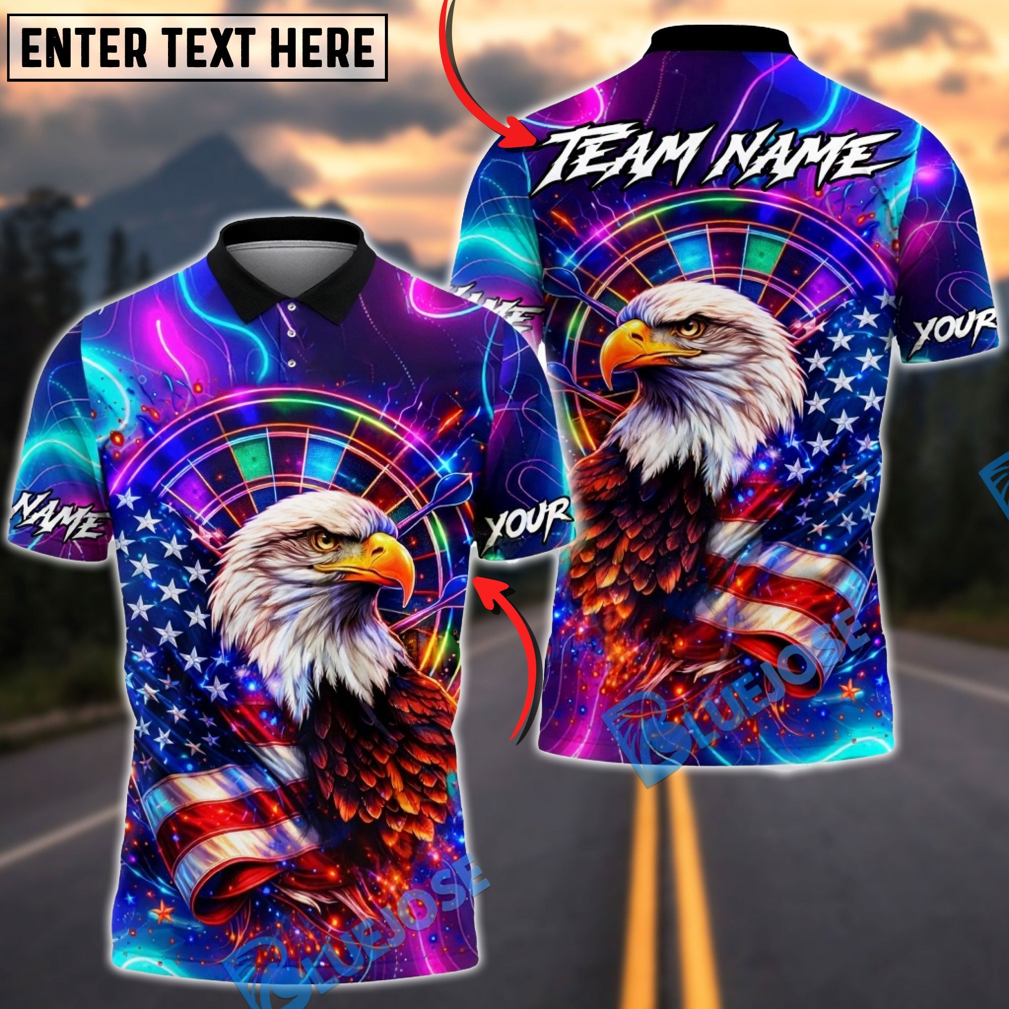 BlueJose Darts American Flag Neon Eagle Dartboard Personalized Name Shirt