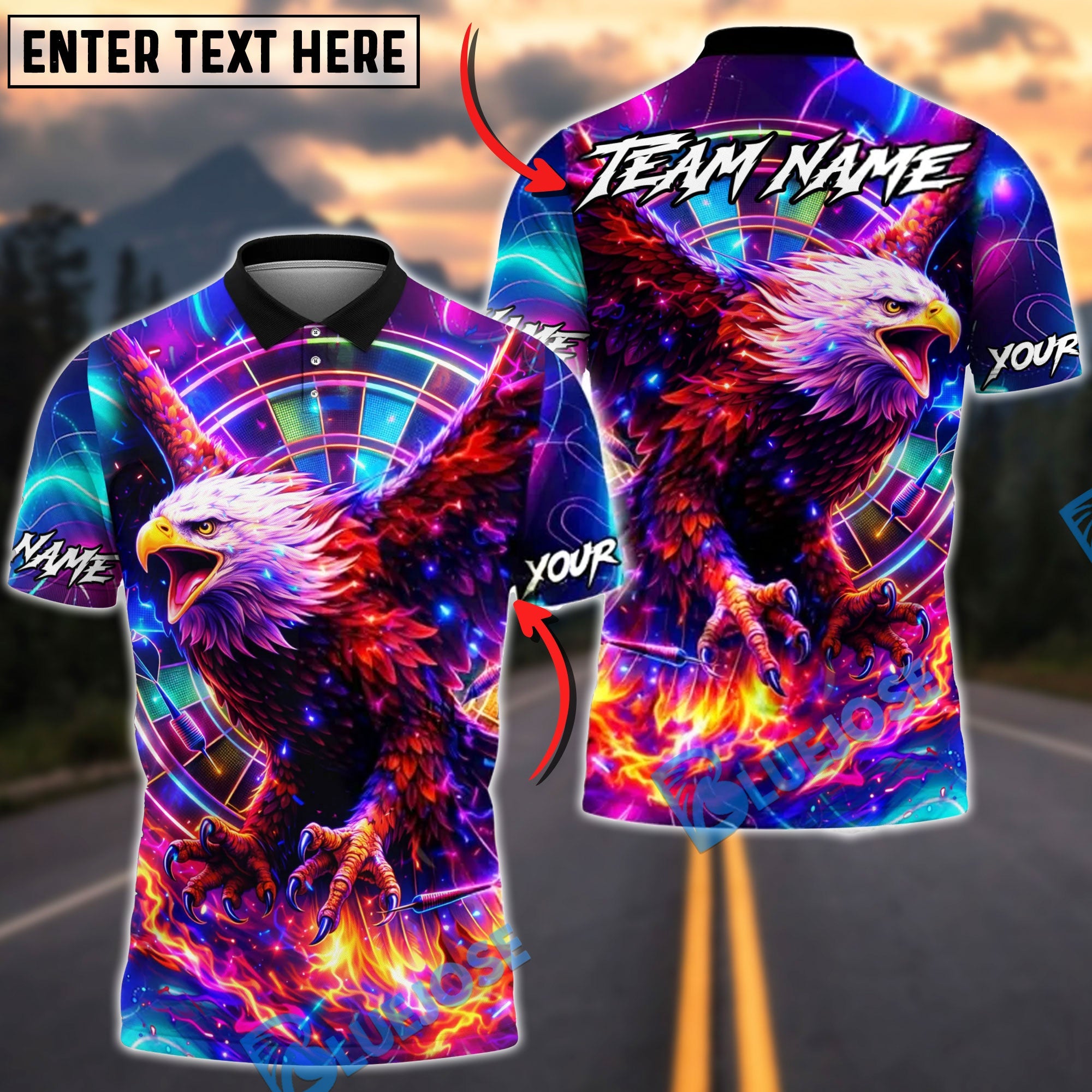 BlueJose Darts Flaming Neon Eagle Dartboard Personalized Name Shirt