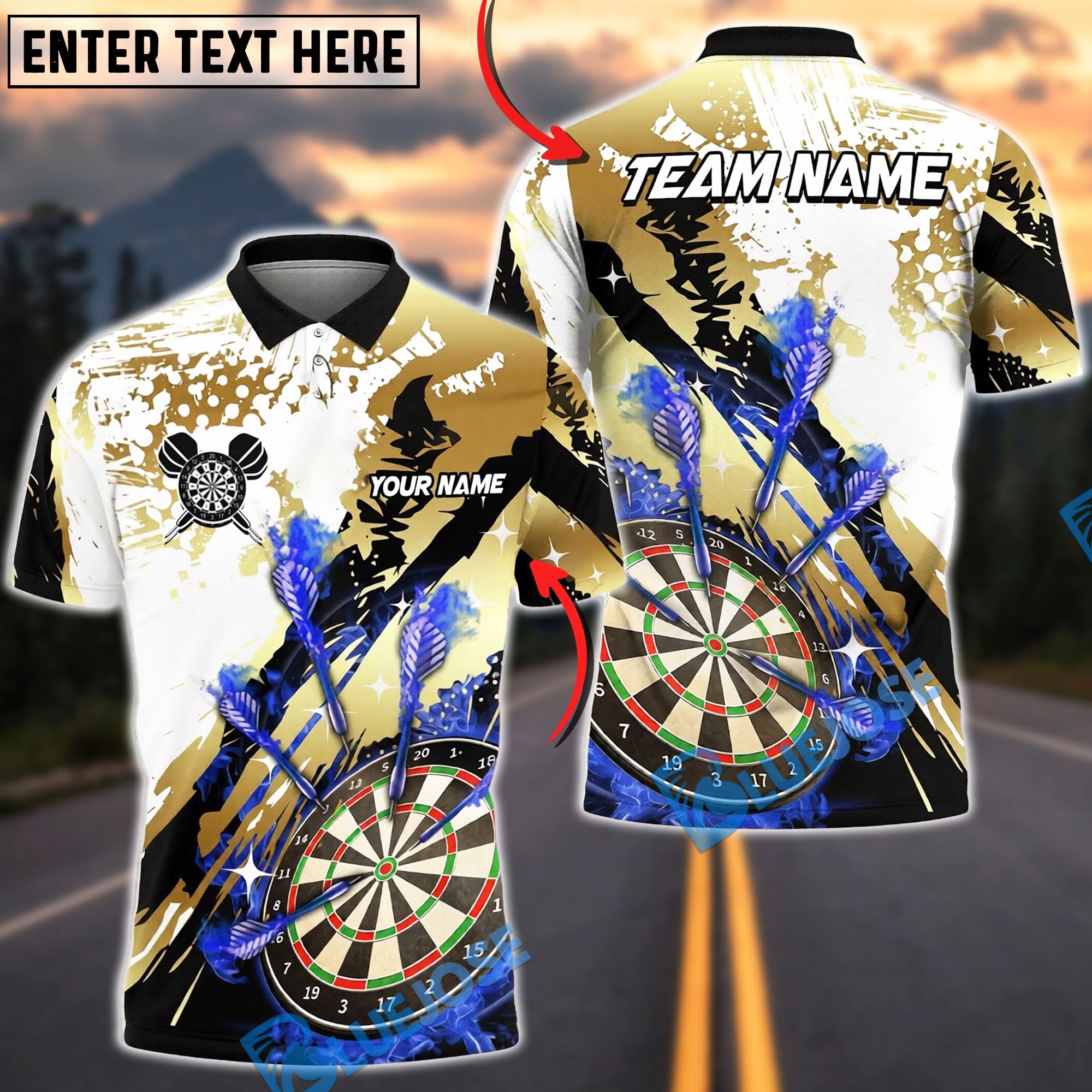 BlueJose Darts Dartboard Gold Fire Splash Personalized Name, Team Name Unisex Shirt (4 Colors)