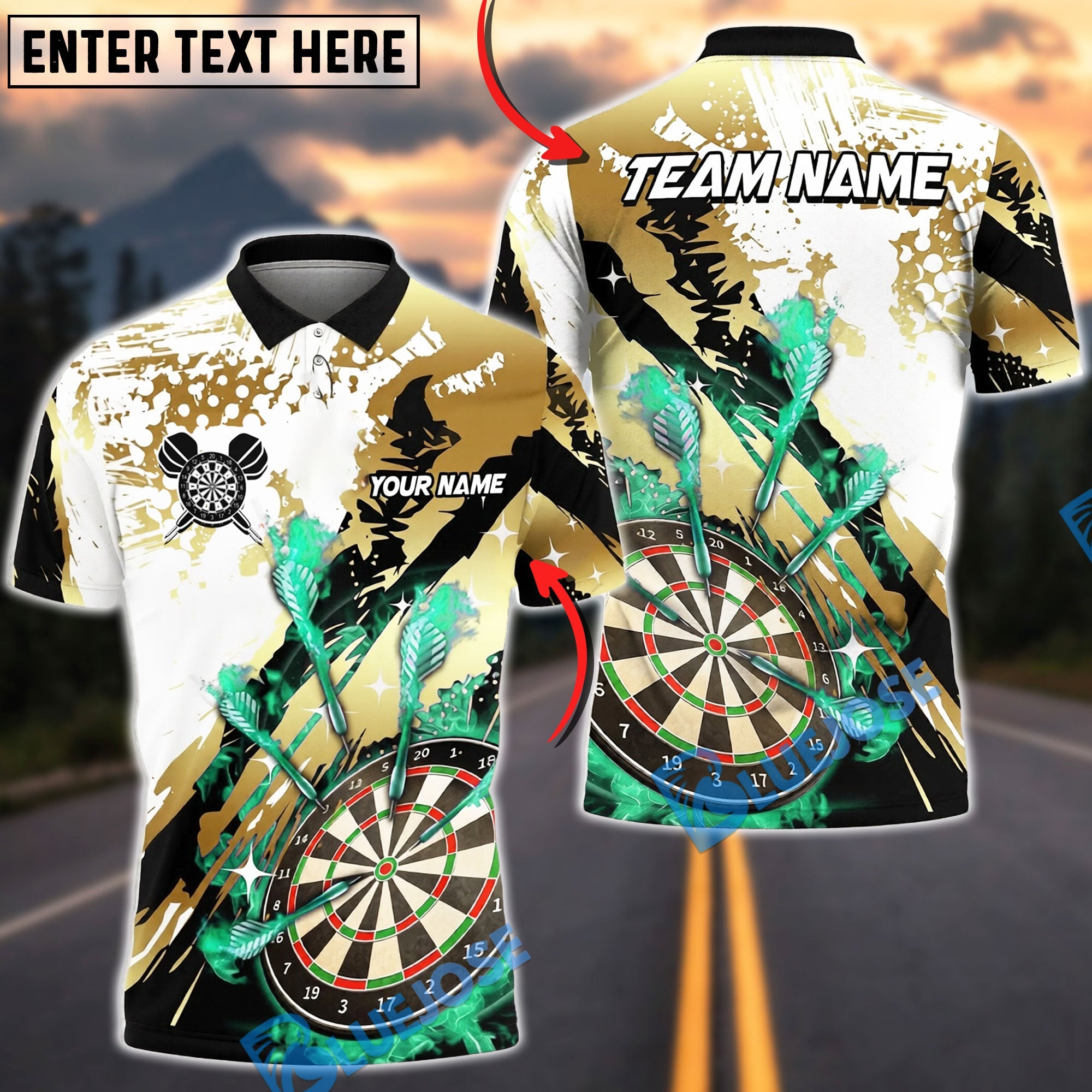 BlueJose Darts Dartboard Gold Fire Splash Personalized Name, Team Name Unisex Shirt (4 Colors)