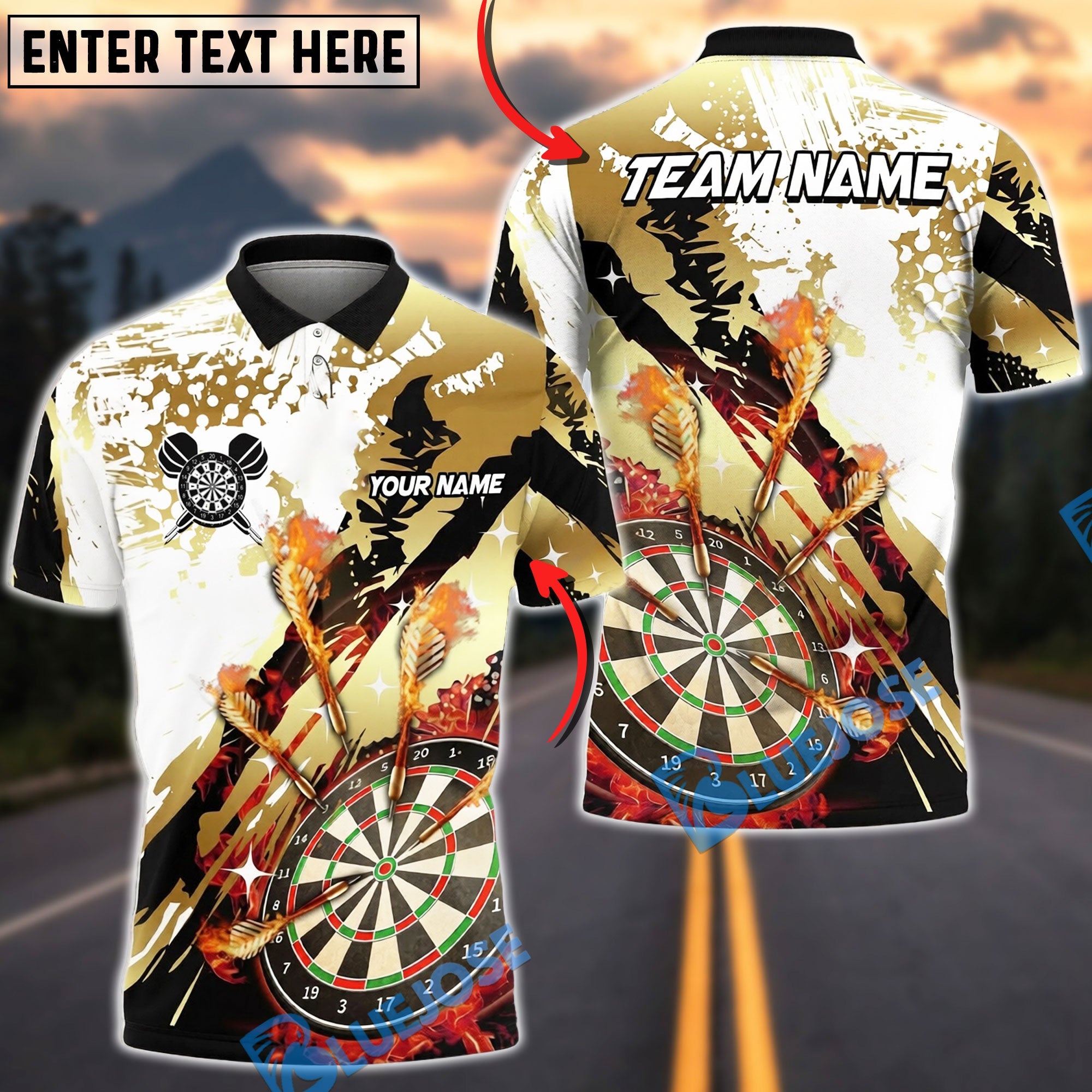 BlueJose Darts Dartboard Gold Fire Splash Personalized Name, Team Name Unisex Shirt (4 Colors)